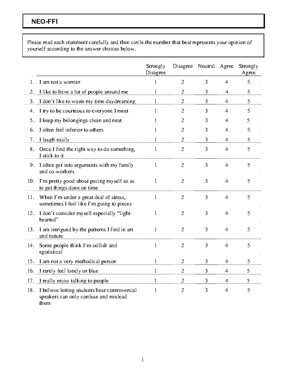 Neo-FFI Scale Assessment Questionnaire - Studocu