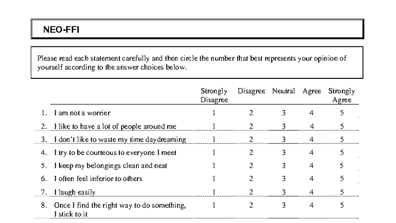 Neo-FFI Scale Assessment Questionnaire - Studocu