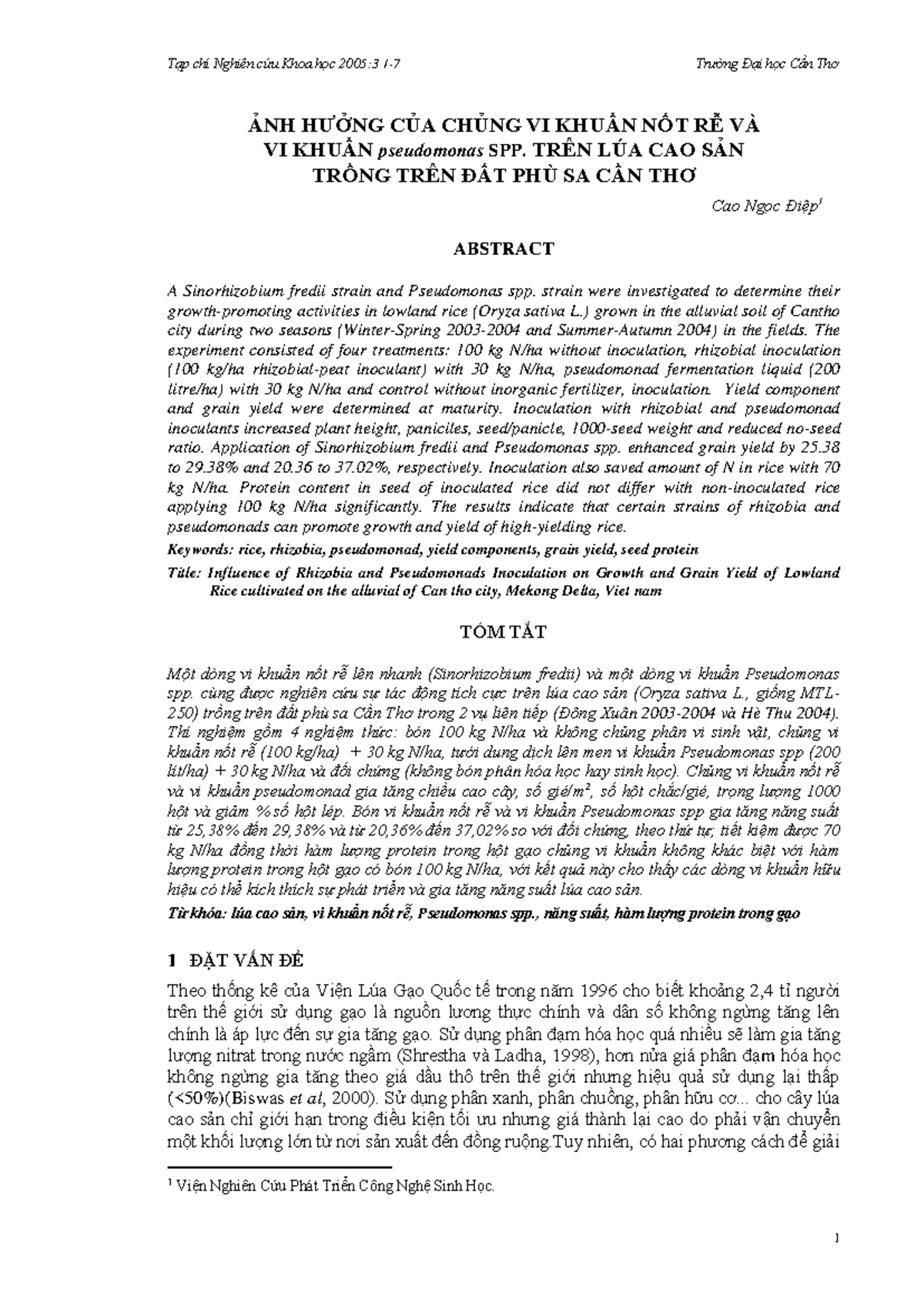Ảnh Hưởng Của Vi Khuẩn Nốt Rễ và Pseudomonas spp. Đến Năng Suất Lúa Cao ...