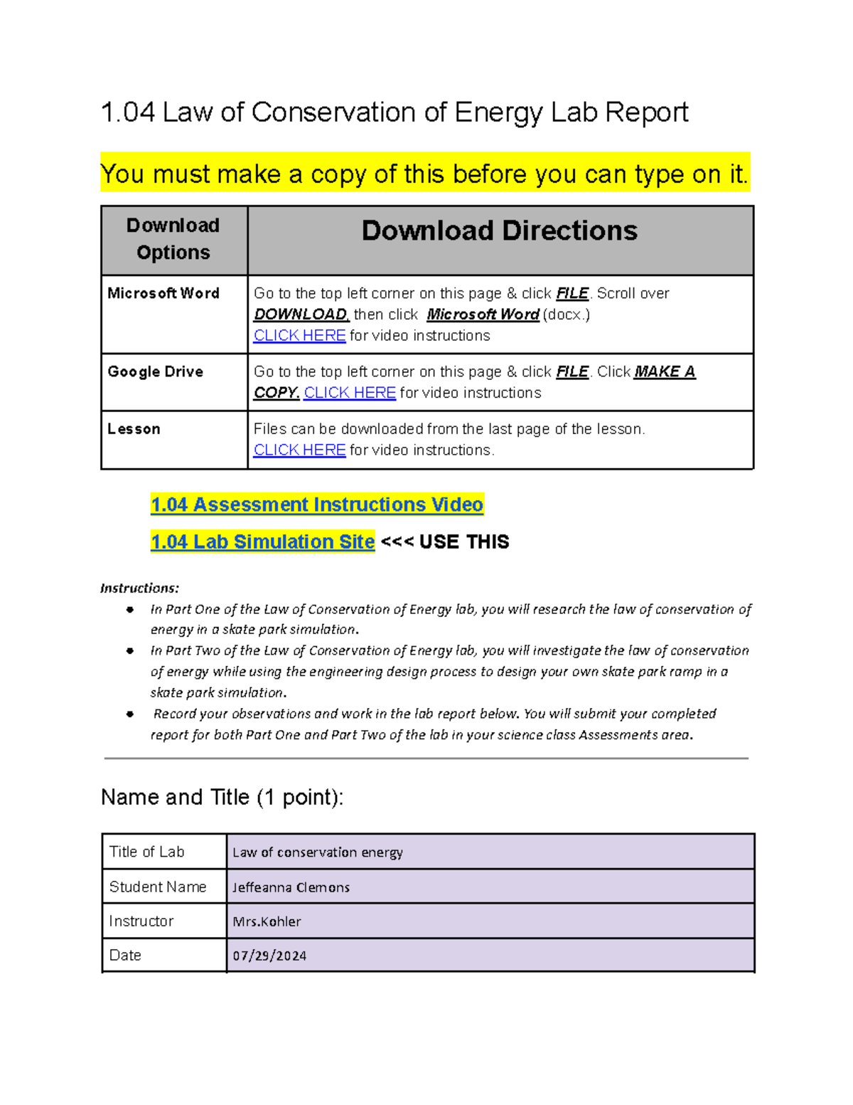 Lab Report on 1.04 Law of Conservation of Energy - Jeffeanna - Studocu