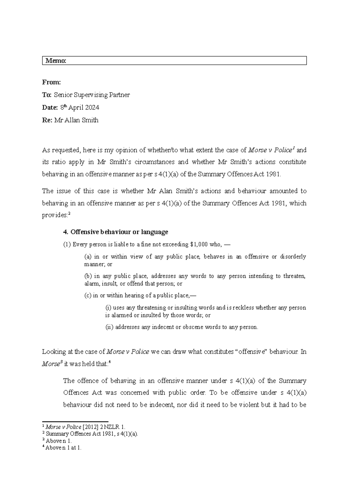 Legal Method A (LEGAL103-24A) Legal Opinion Assignment - Memo: From: To ...