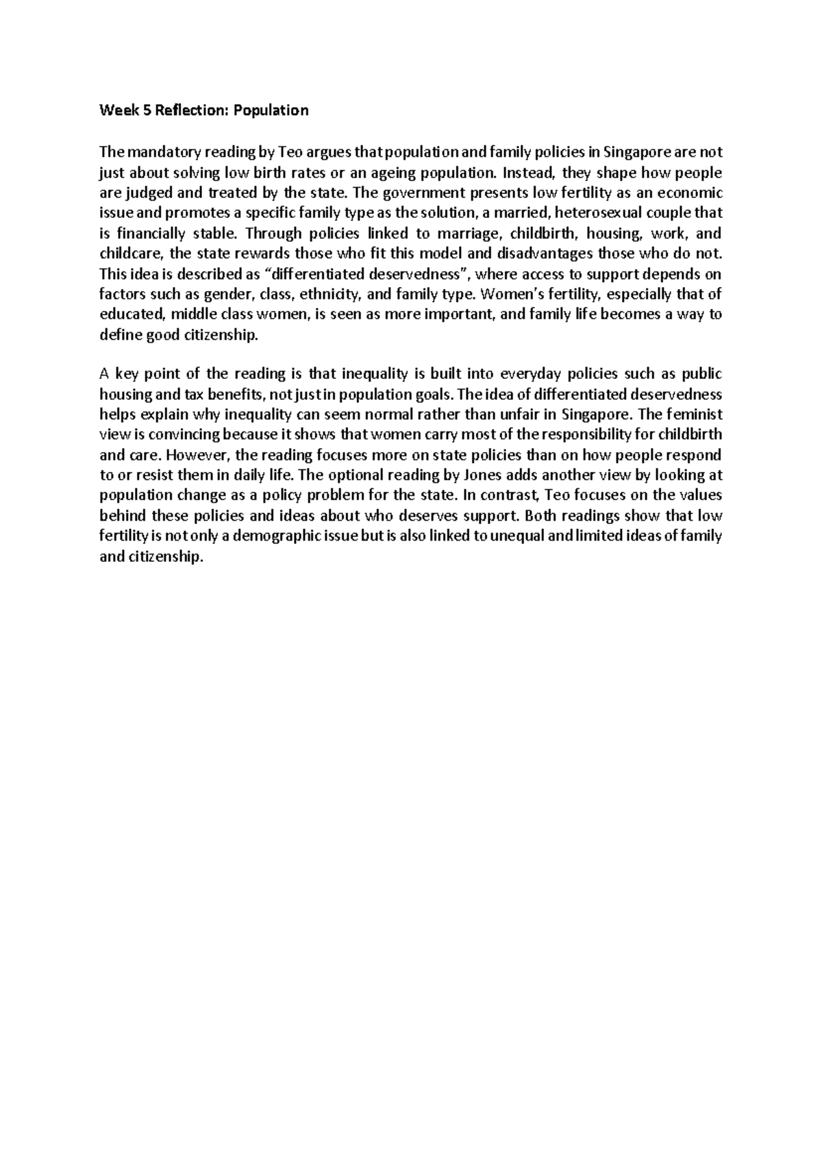 Week 5 Reflection: Population Policies and Family Dynamics - Studocu