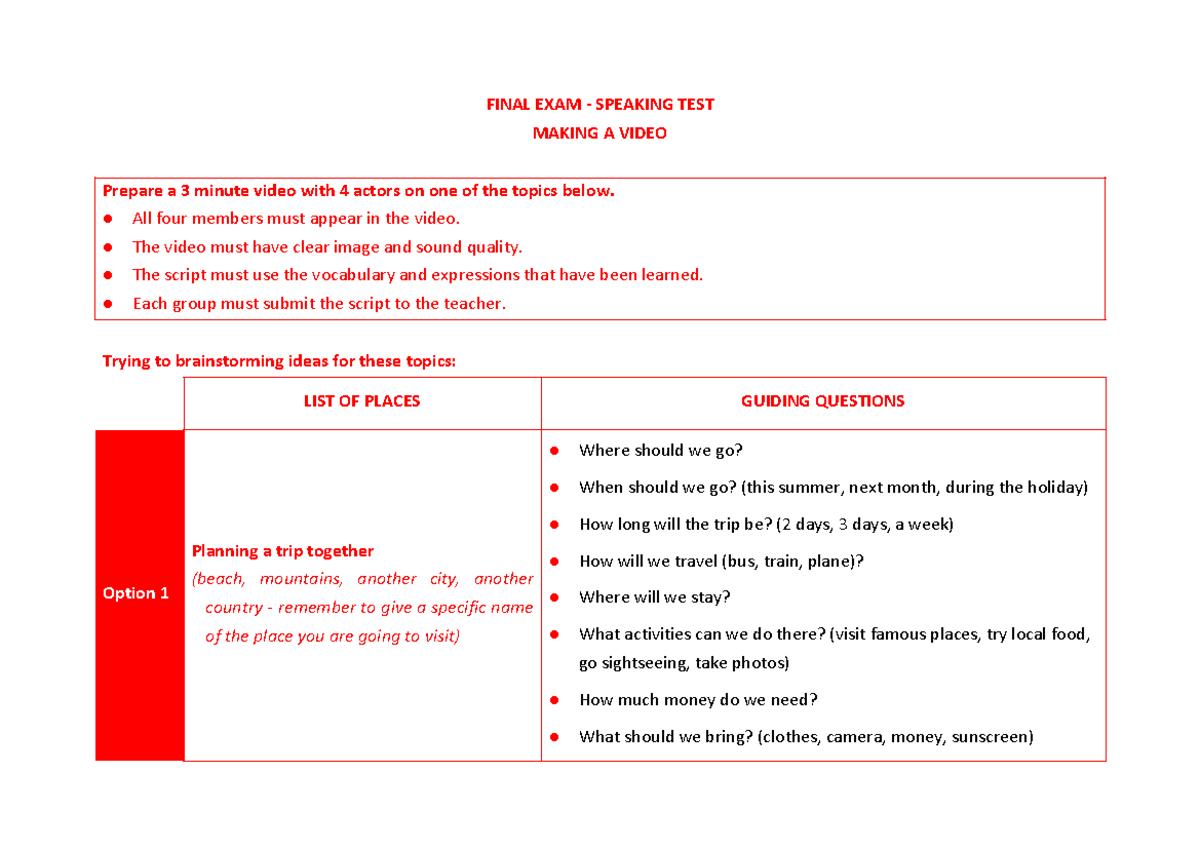 FINAL EXAM - Speaking TEST: Video Project Guidelines - Studocu