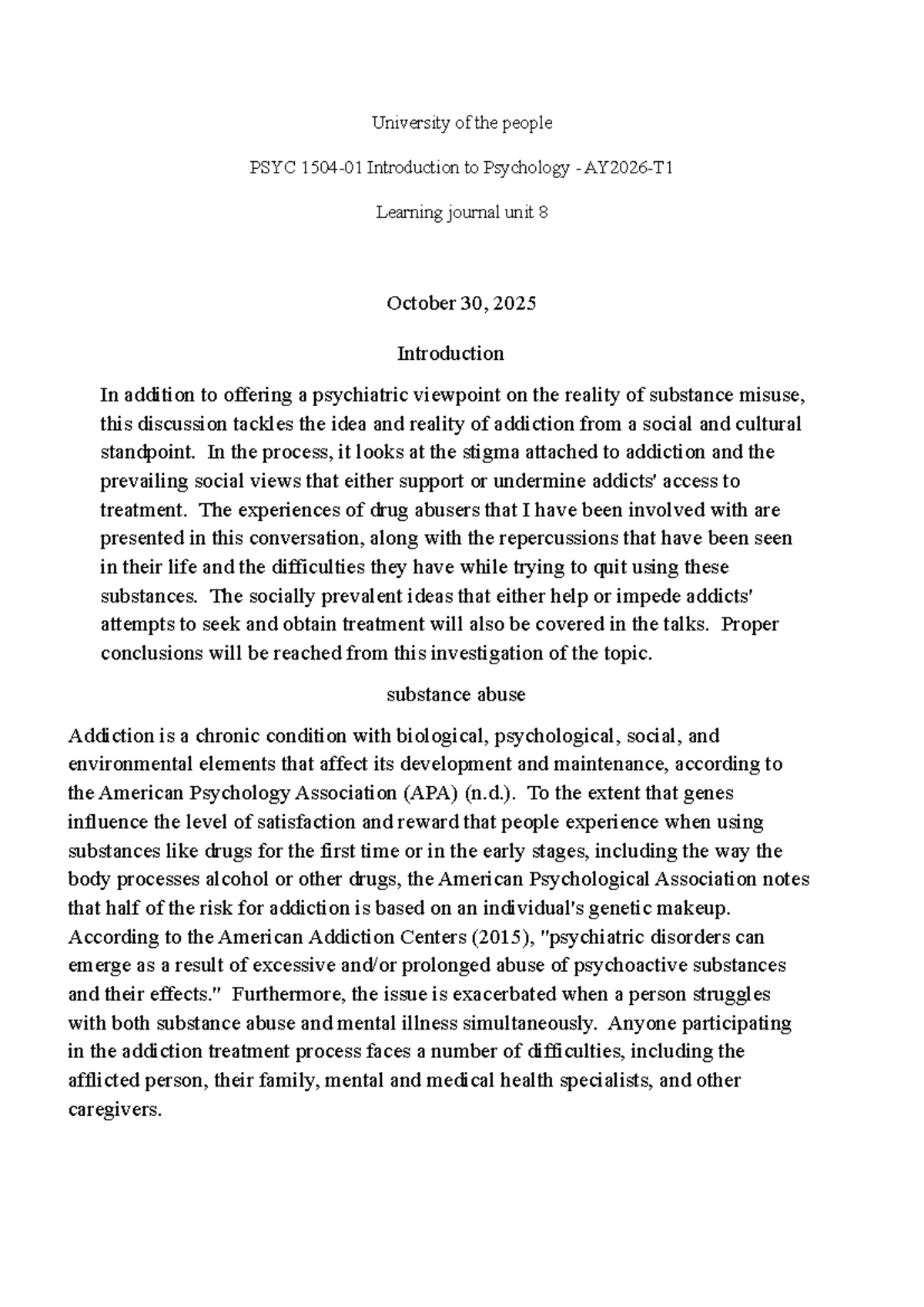 PSYC 1504-01 Learning Journal: Substance Abuse & Stigma Analysis - Studocu