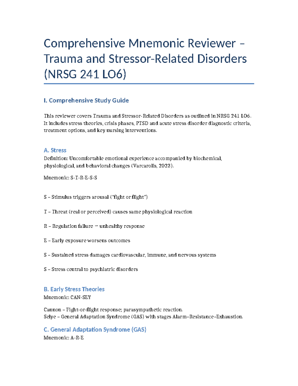 Comprehensive Mnemonic Study Guide for Trauma & Stress Disorders (NRSG ...
