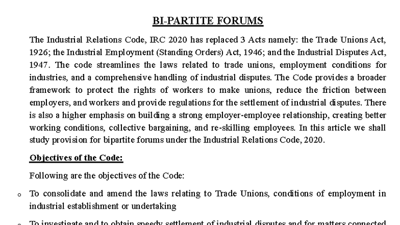 Bipartite Forums under the Industrial Relations Code, IRC 2020 - Studocu
