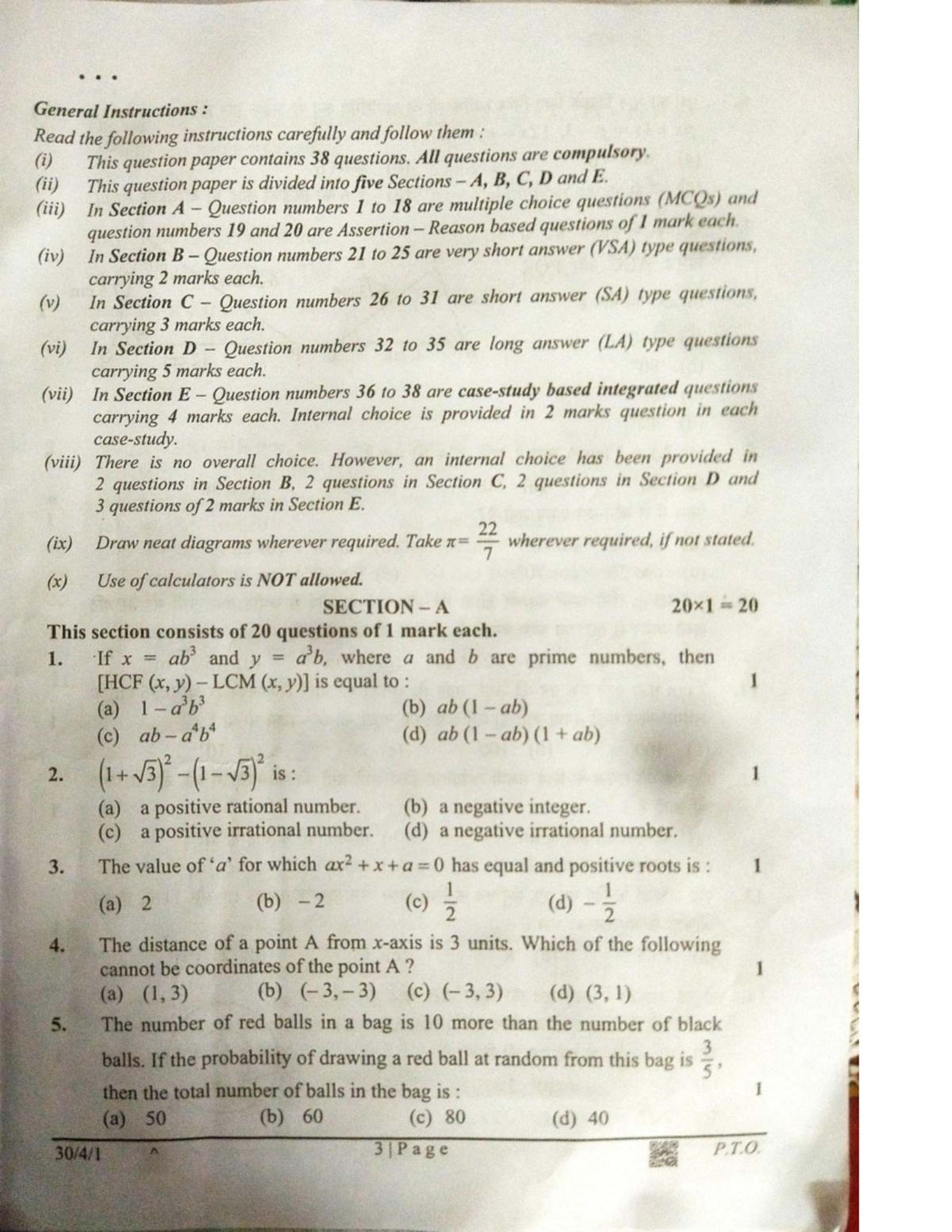 Mathematics Question Paper: General Instructions & Structure (Code ...