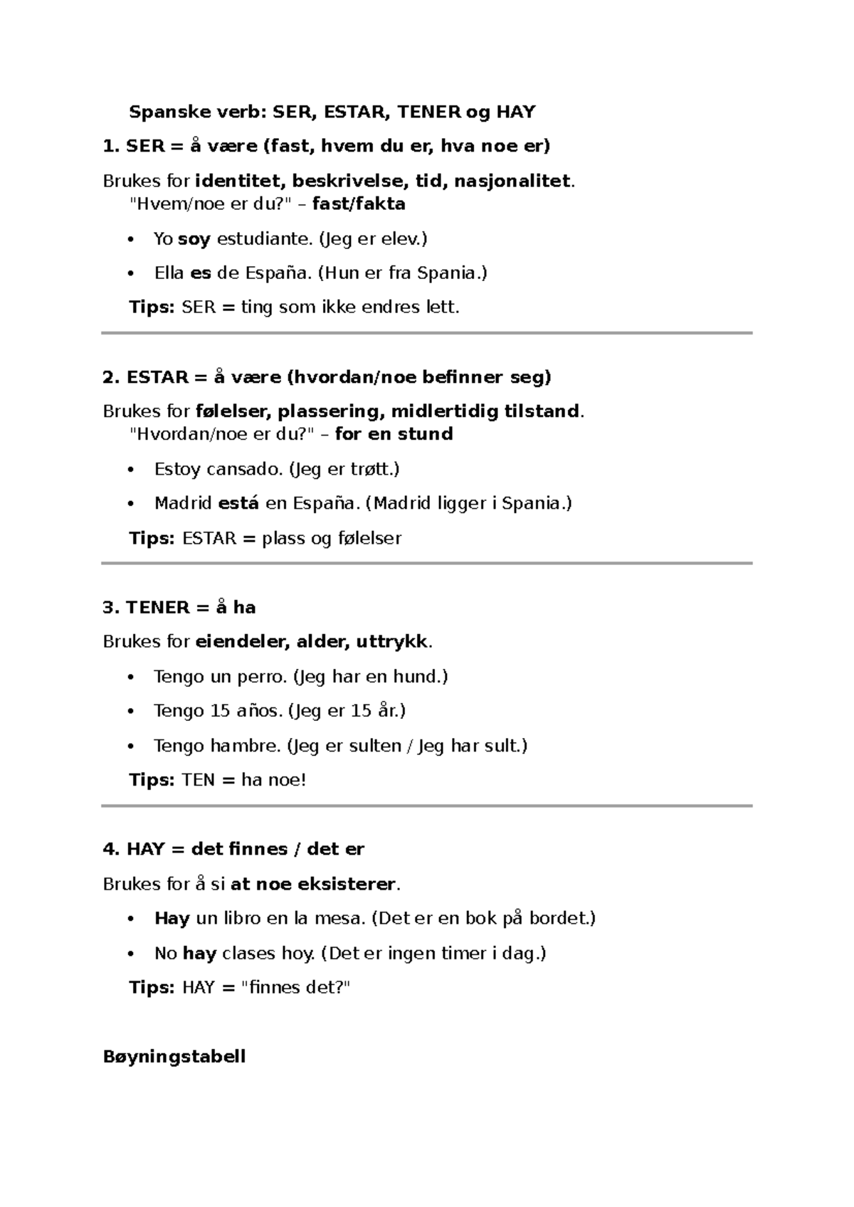 Øvningsmateriale: SER, ESTAR, TENER og HAY - Spansk 101 - Studocu