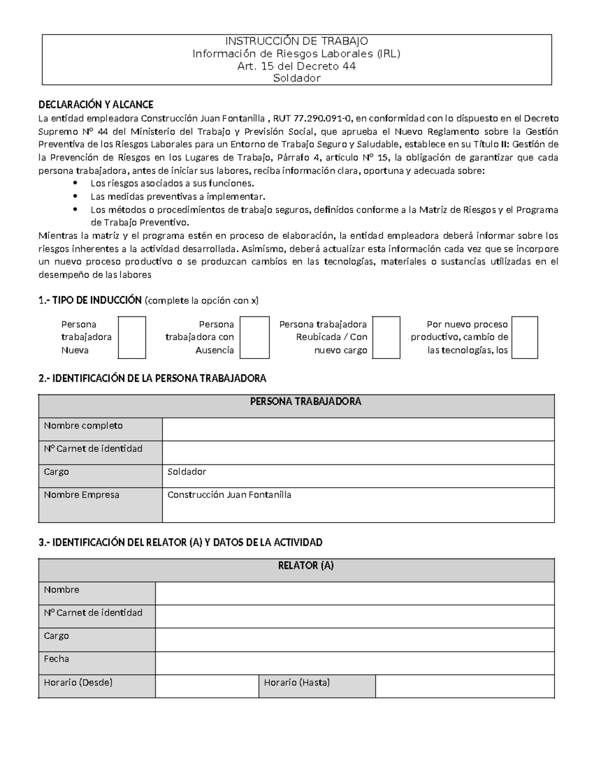 IRL Soldador: Prevención de Riesgos Según Decreto 44 - Document Preview