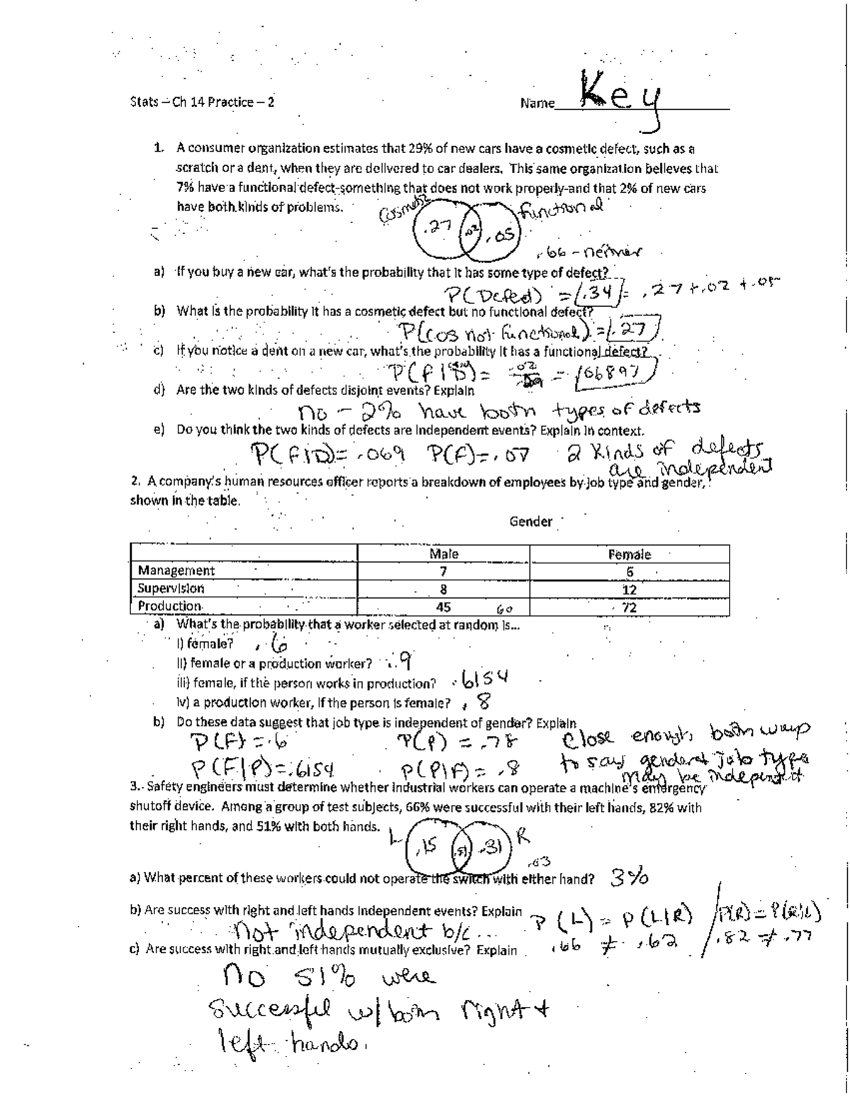 Stats Ch 14 Practice Key - Defects & Probabilities Analysis - Studocu