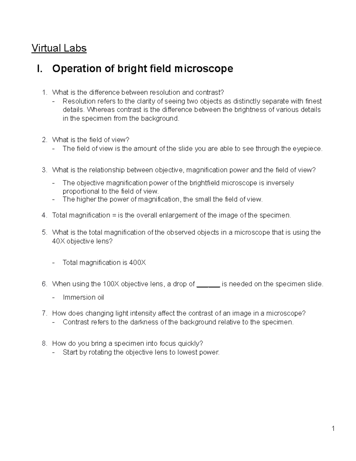 Lab 4 - Bright Field Microscope Study Guide and Techniques - Studocu