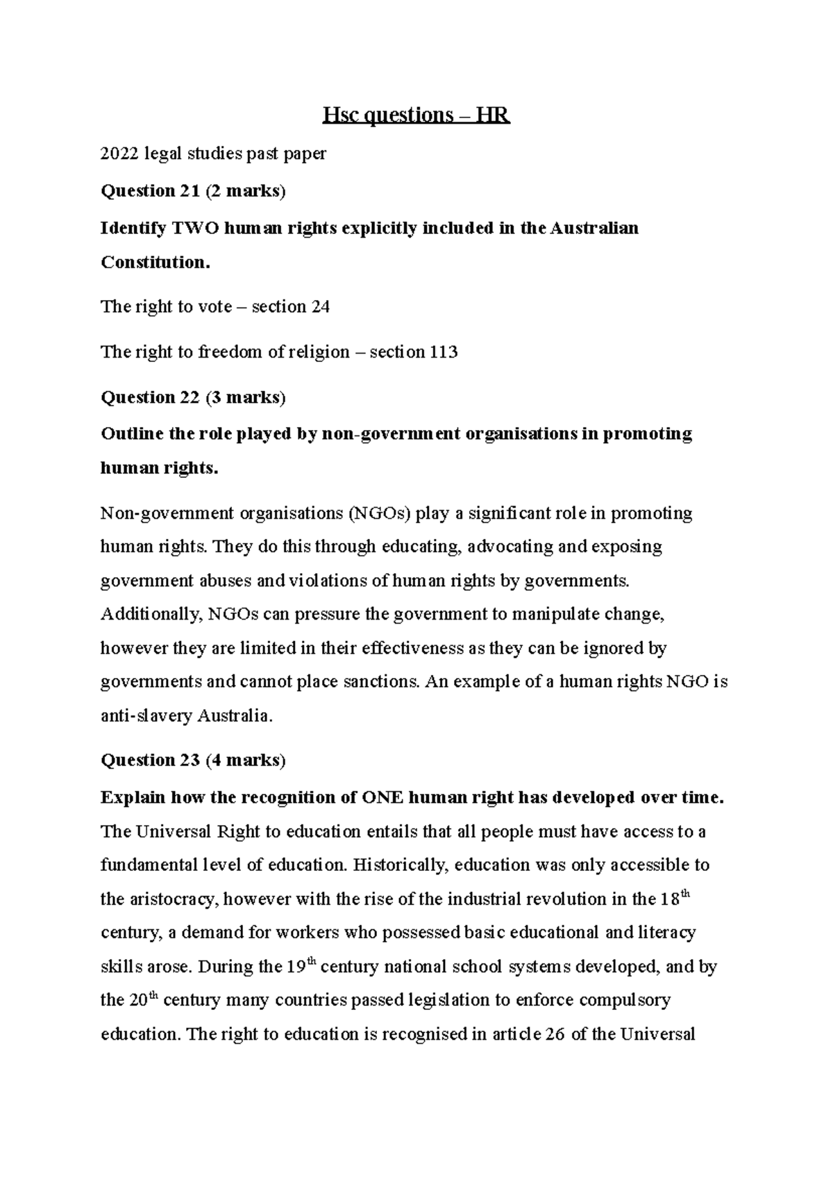 HSC Legal Studies Past Paper Questions on Human Rights - HR - Studocu