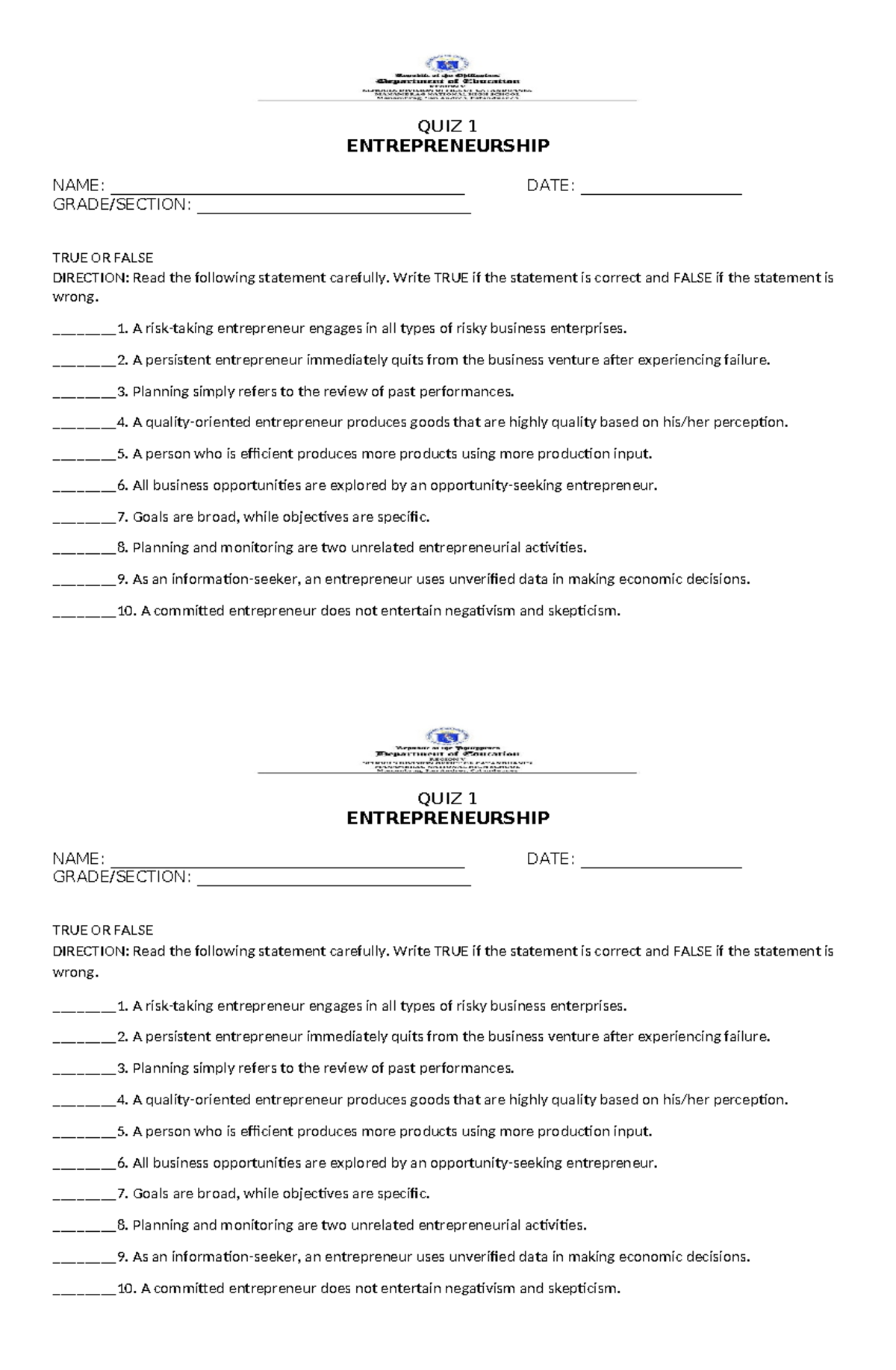 QUIZ 1 ENTREPRENEURSHIP - TRUE OR FALSE QUESTIONS - Studocu