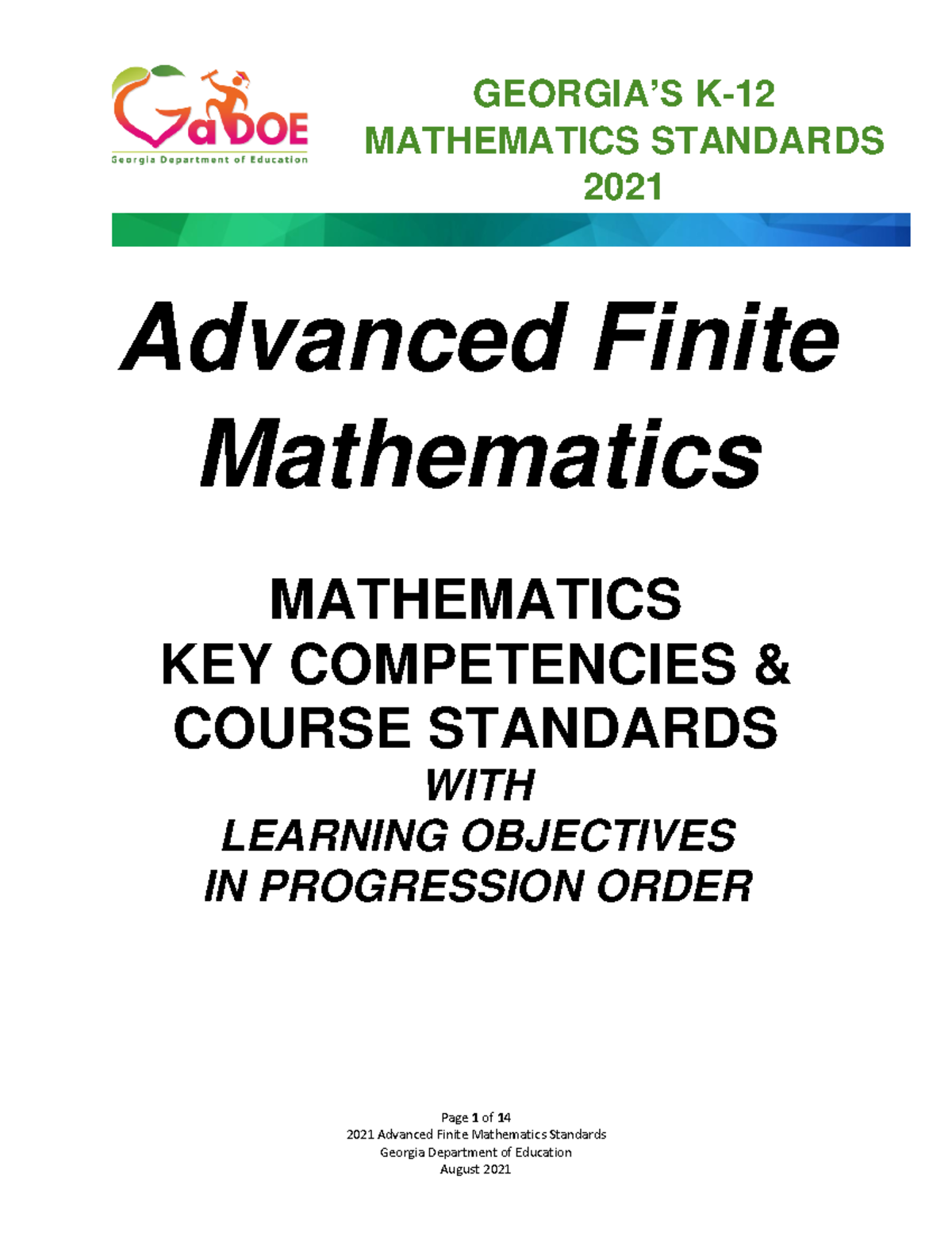 Georgia HS Advanced Finite Mathematics Standards 2021: Key Competencies ...