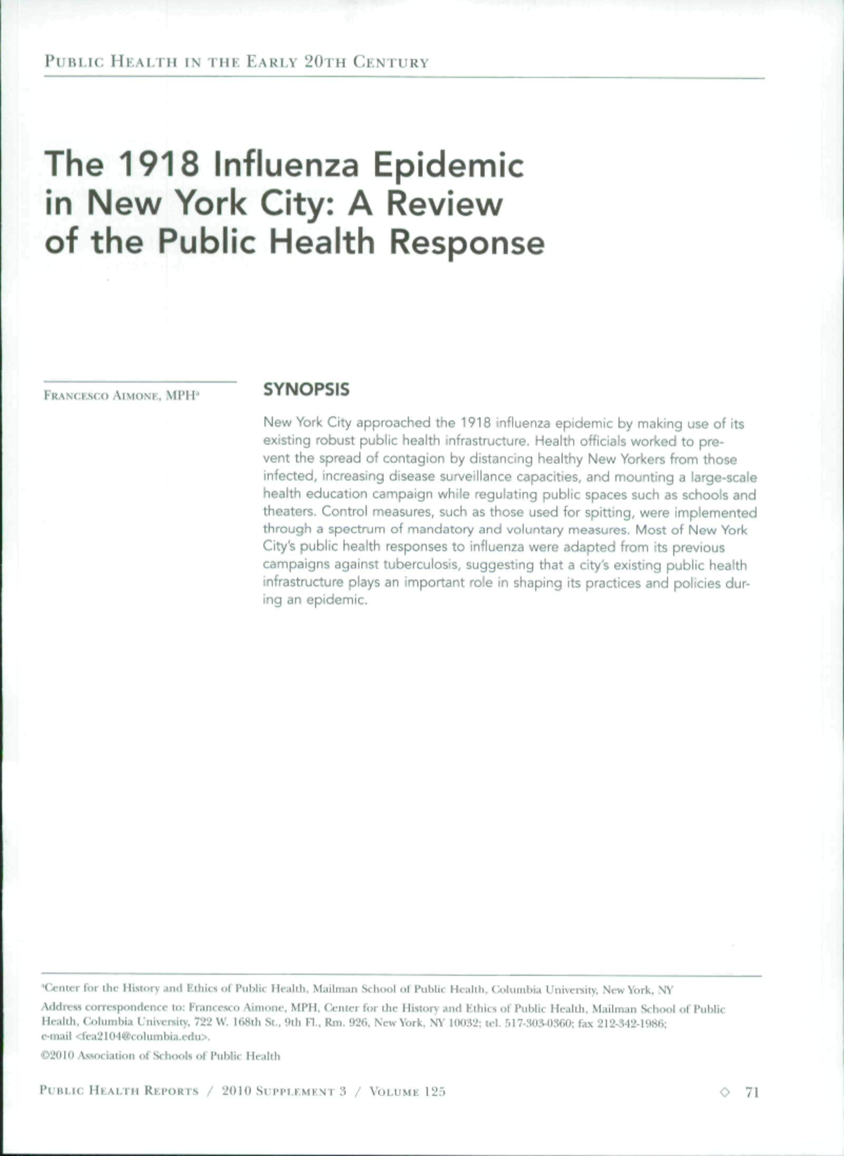 Public Health Response to the 1918 Influenza Epidemic in NYC: A Review ...
