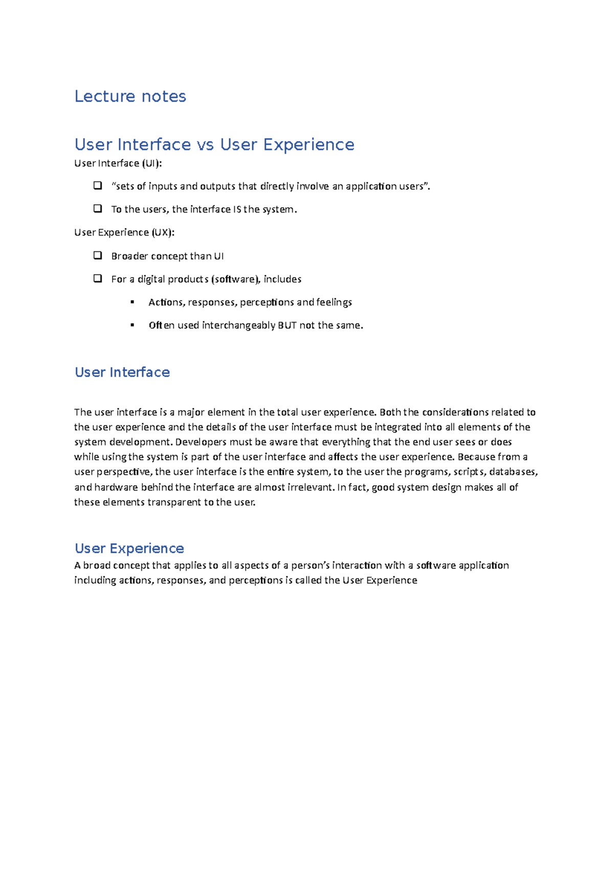 Wk 8 lecture and tut notes - Lecture notes User Interface vs User ...