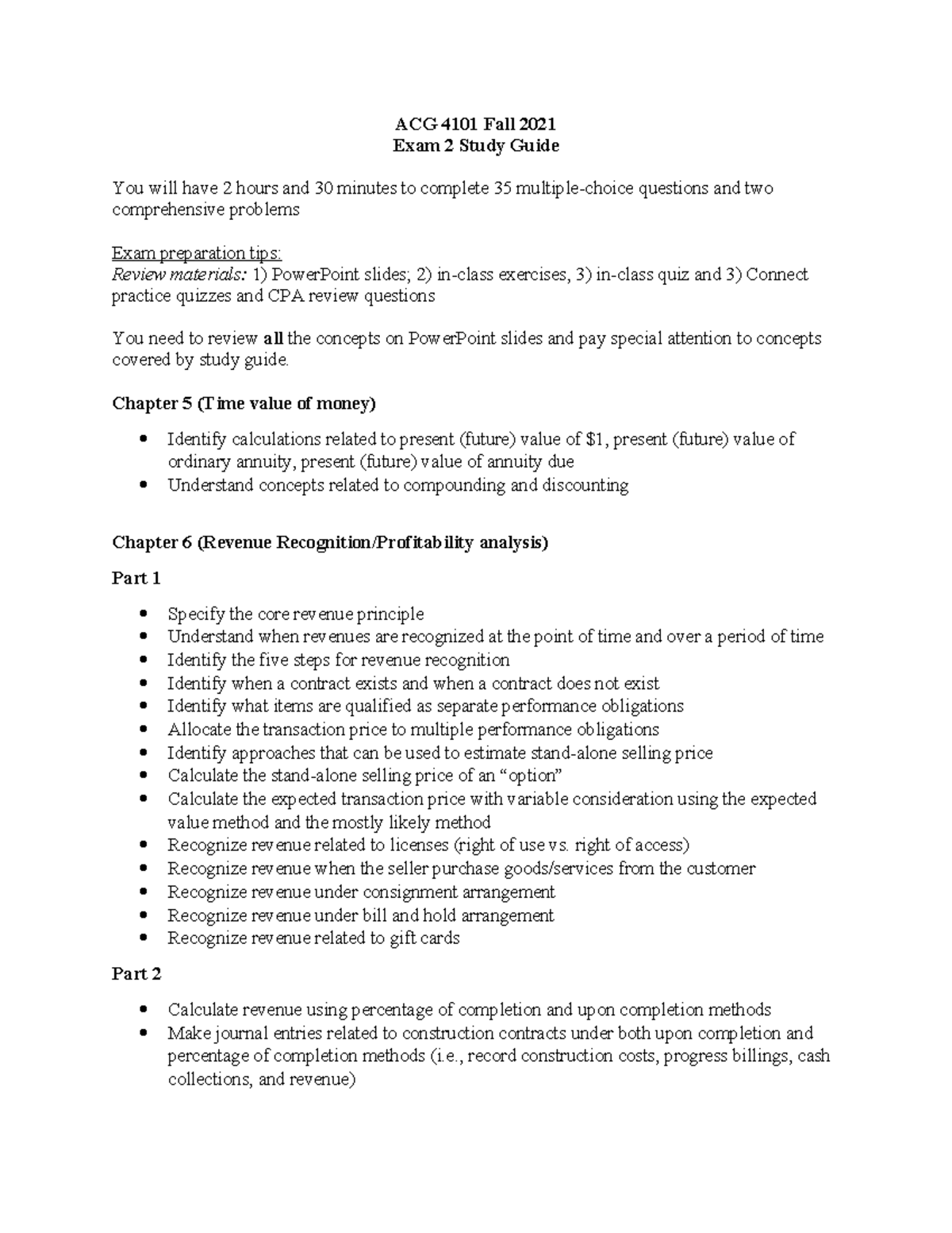ACG 4101 Fall 2021 Exam 2 Study Guide and Review Notes - Studocu