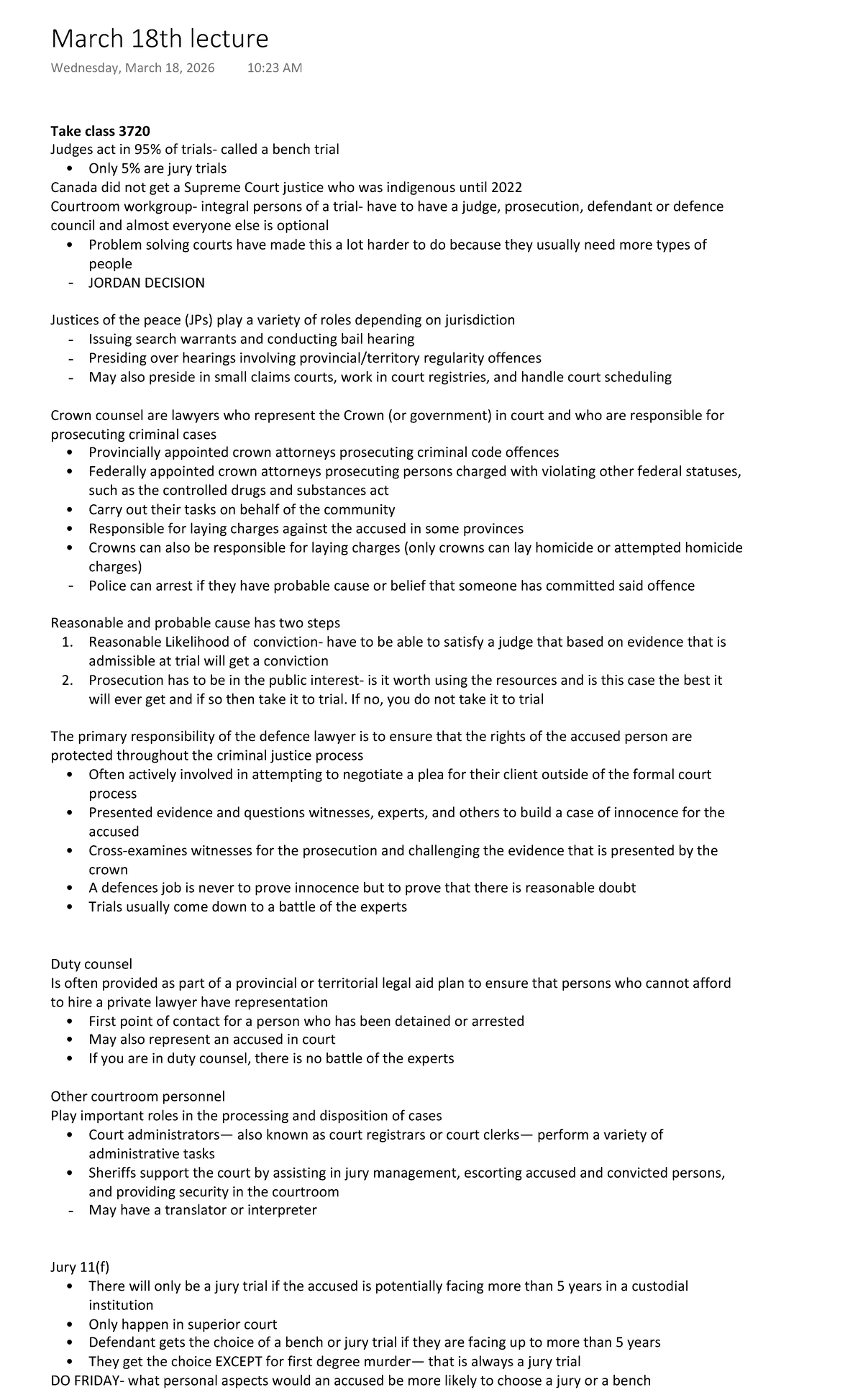 Lecture Notes: Class 3720 - Courtroom Roles and Trials - Studocu