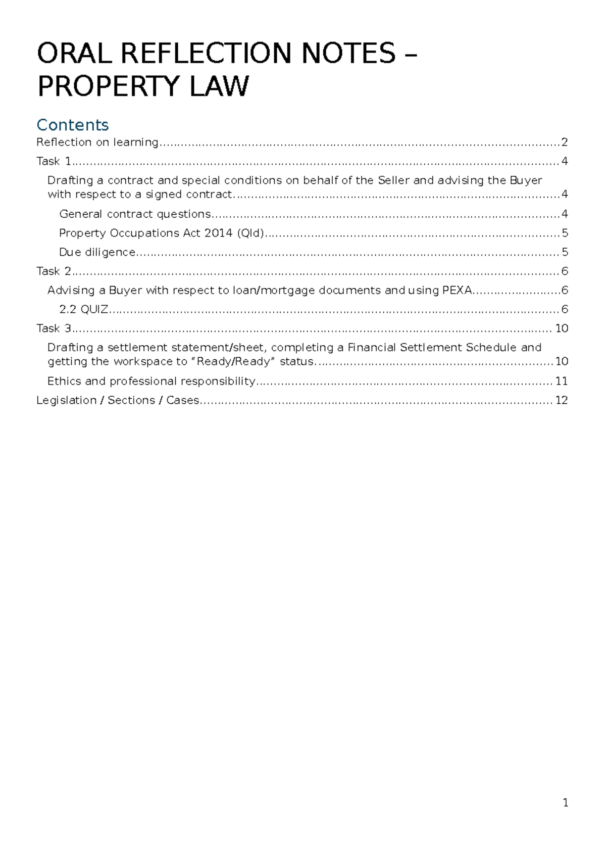 Final Assessment Notes: Property Law (PLT) Oral Reflection & Tasks ...