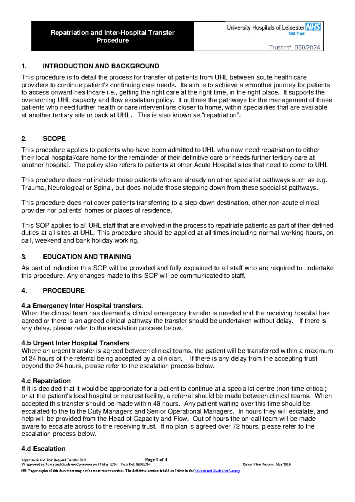 Repatriation & Inter-Hospital Transfer Procedure UHL SOP - Studocu