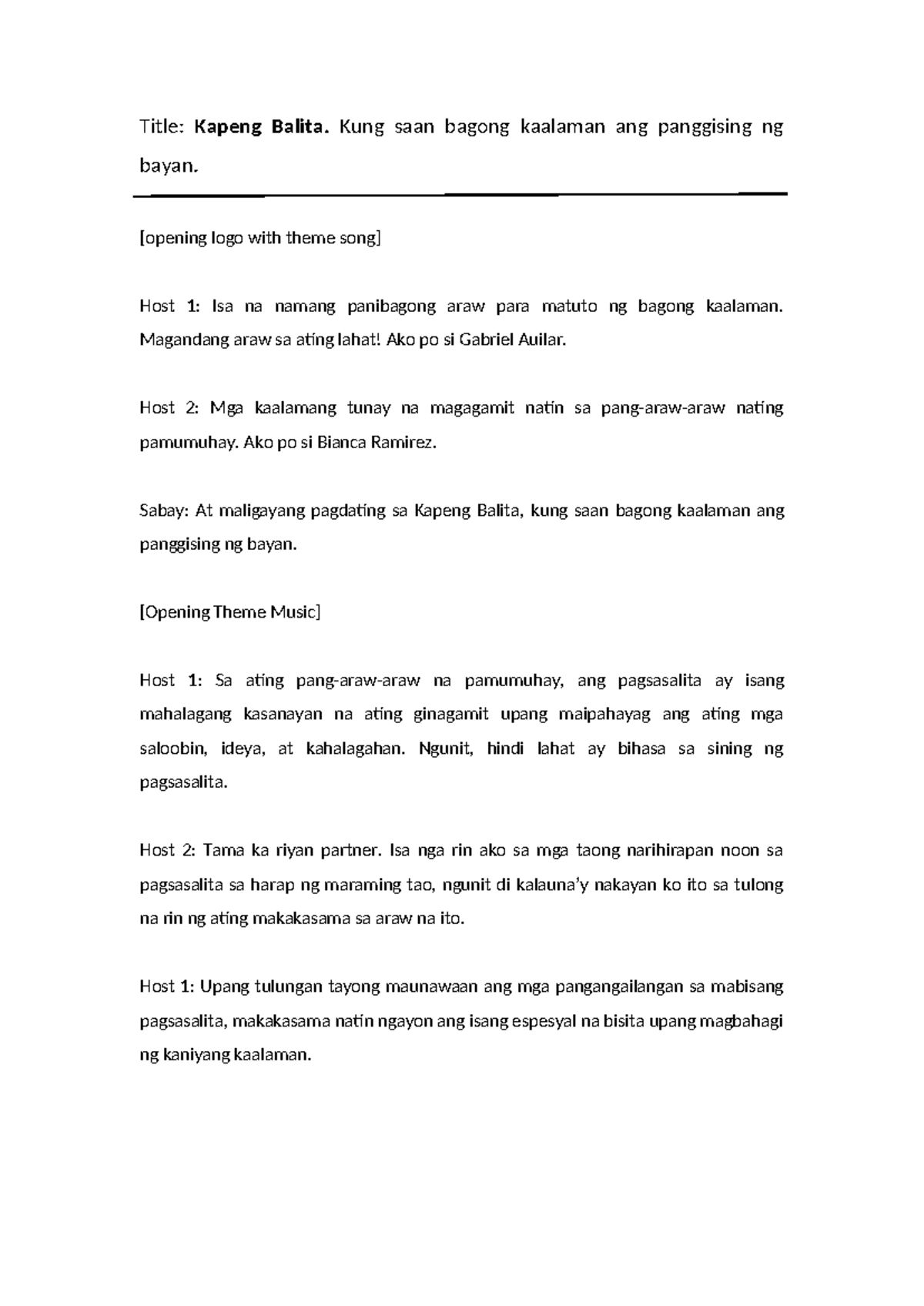 Talkshow Script on Effective Speaking Skills: Kapeng Balita - Studocu
