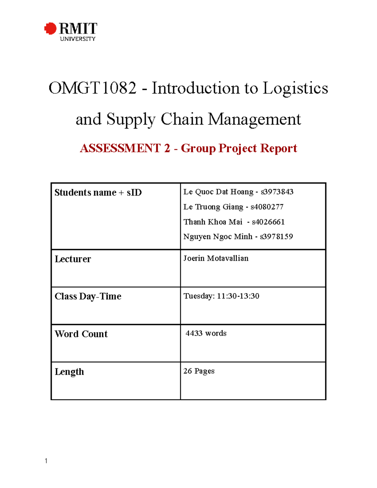 OMGT1082 A2 Group Project Report: Logistics & Supply Chain Management ...