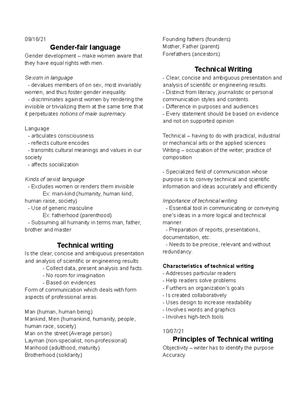 Technical Writing Notes - 09/16/ Gender-fair language Gender ...