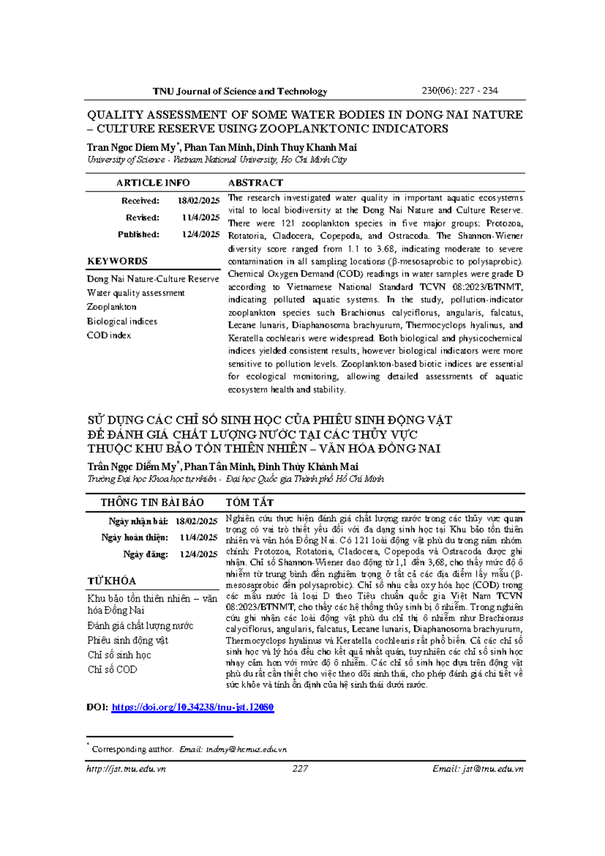 Quality Assessment of Water Bodies in Dong Nai Reserve Using ...