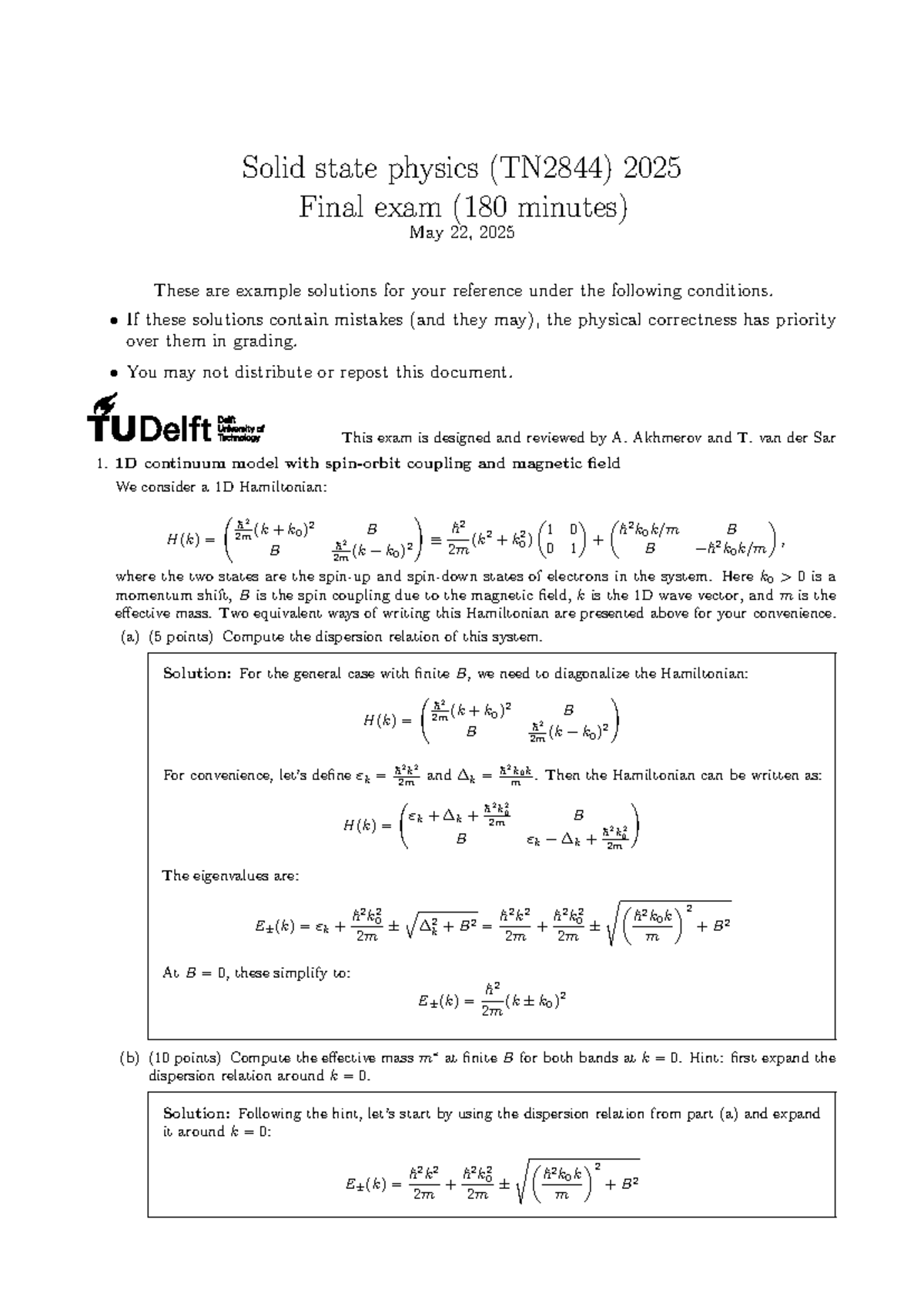 Solid State Physics (TN2844) 2025 Final Exam Solutions - Studeersnel