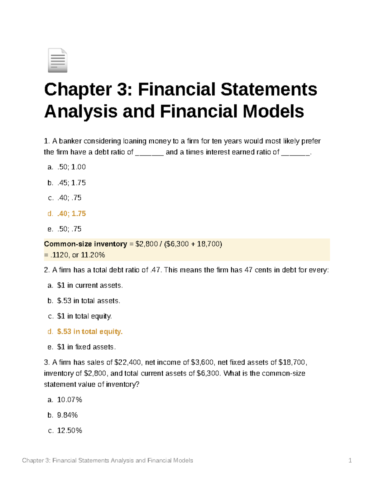 Chapter 3 Financial Statements Analysis and Financial Models - a. .50 ...