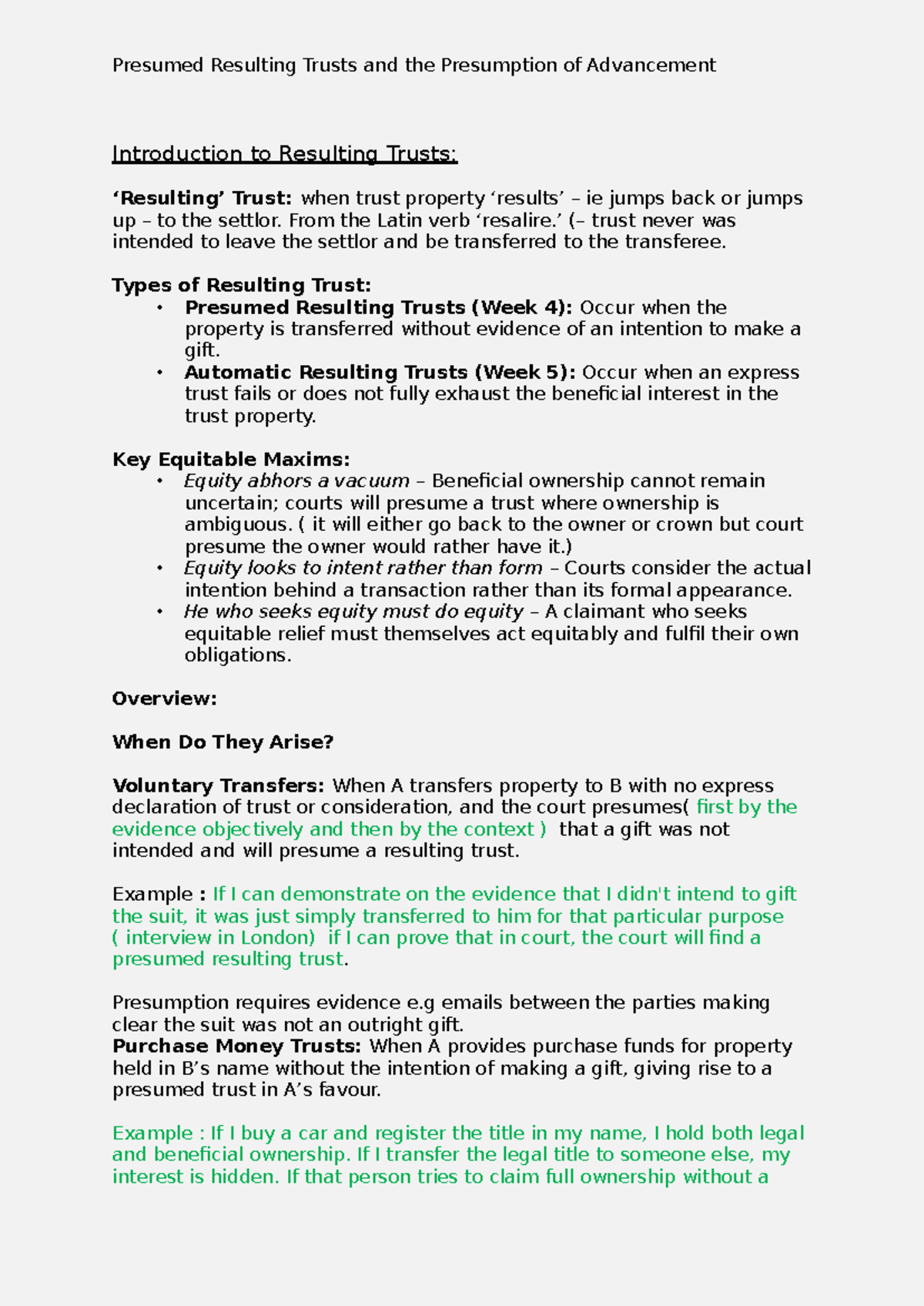 Presumed Resulting Trusts and Advancement: An Analysis (Law 302) - Studocu