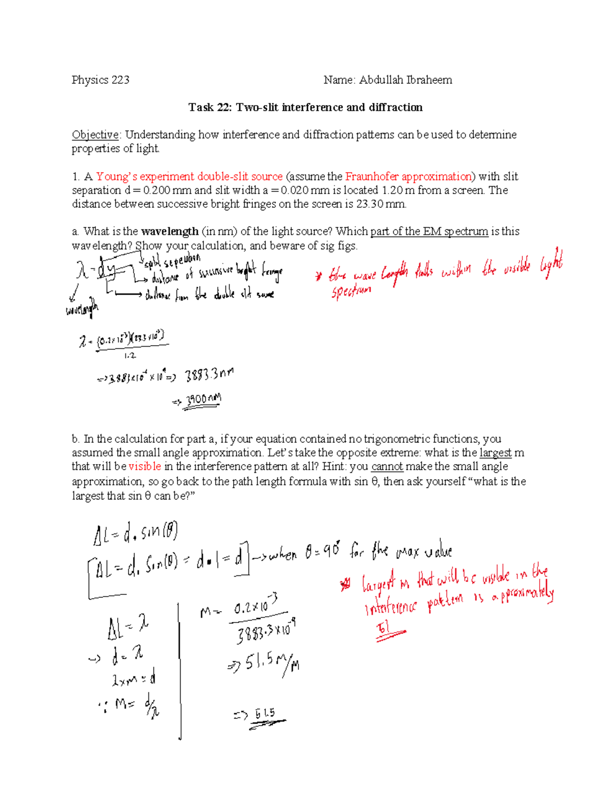 Physics 223 Task 22: Two-Slit Interference & Diffraction Concepts - Studocu