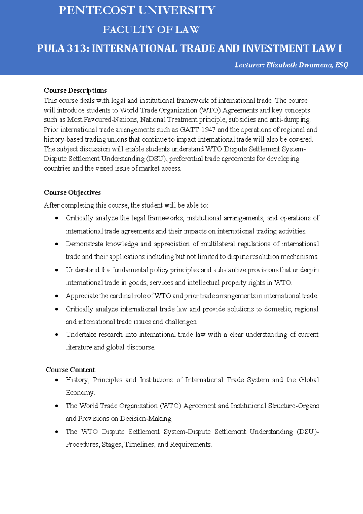 PULA 313: International Trade and Investment Law I Overview - Studocu