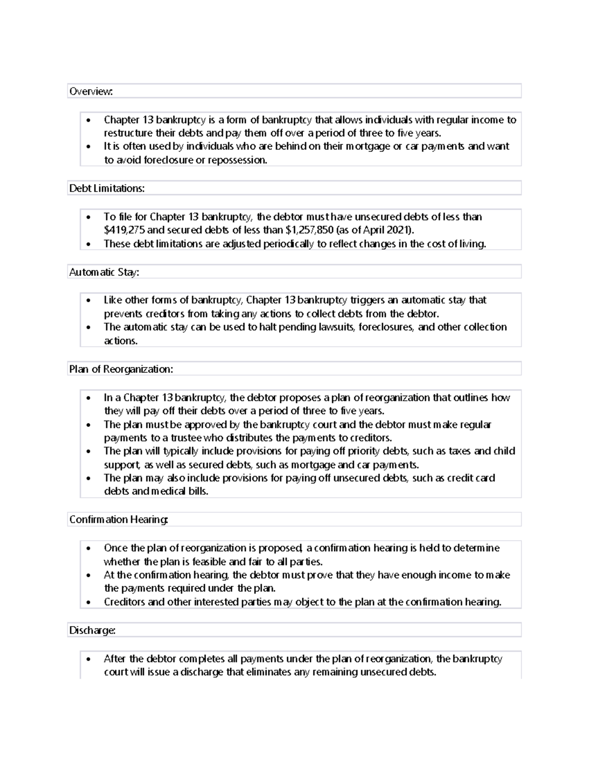 Chapter 13 Overview - Notes - Overview: • Chapter 13 bankruptcy is a ...