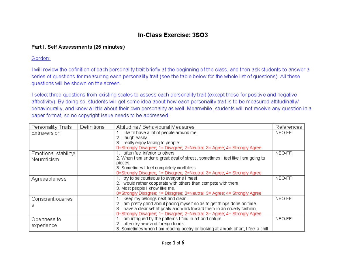 In-Class Exercise- Personality (Final) - In-Class Exercise: 3SO Part I ...