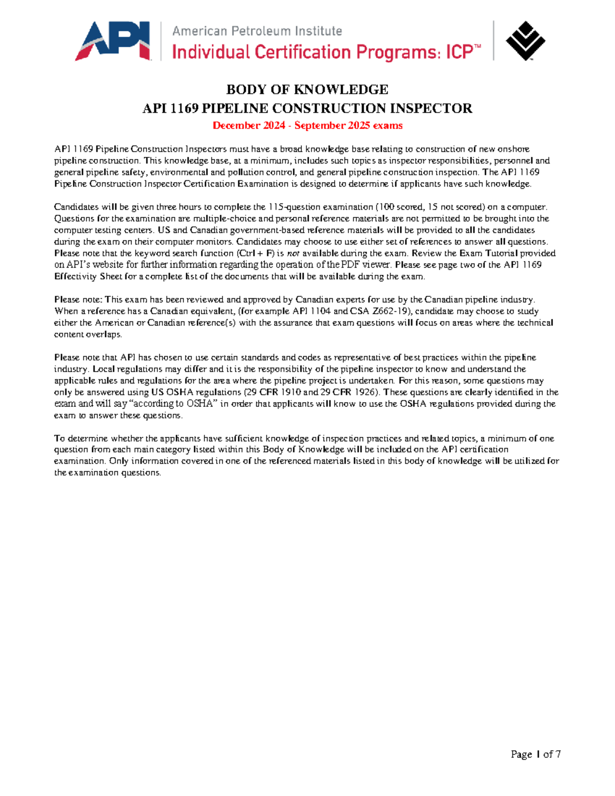 API 1169 Body of Knowledge for Pipeline Construction Inspector Exam ...