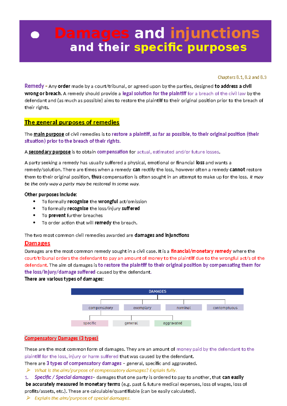 3.2.11 Damages and Injunctions: Purposes and Types Explained - Studocu