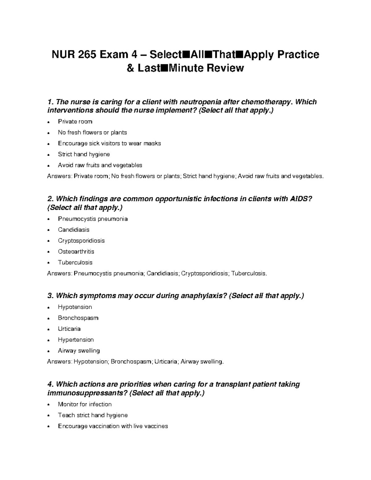 NUR 265 Exam 4 Practice Questions and Review Notes - Studocu