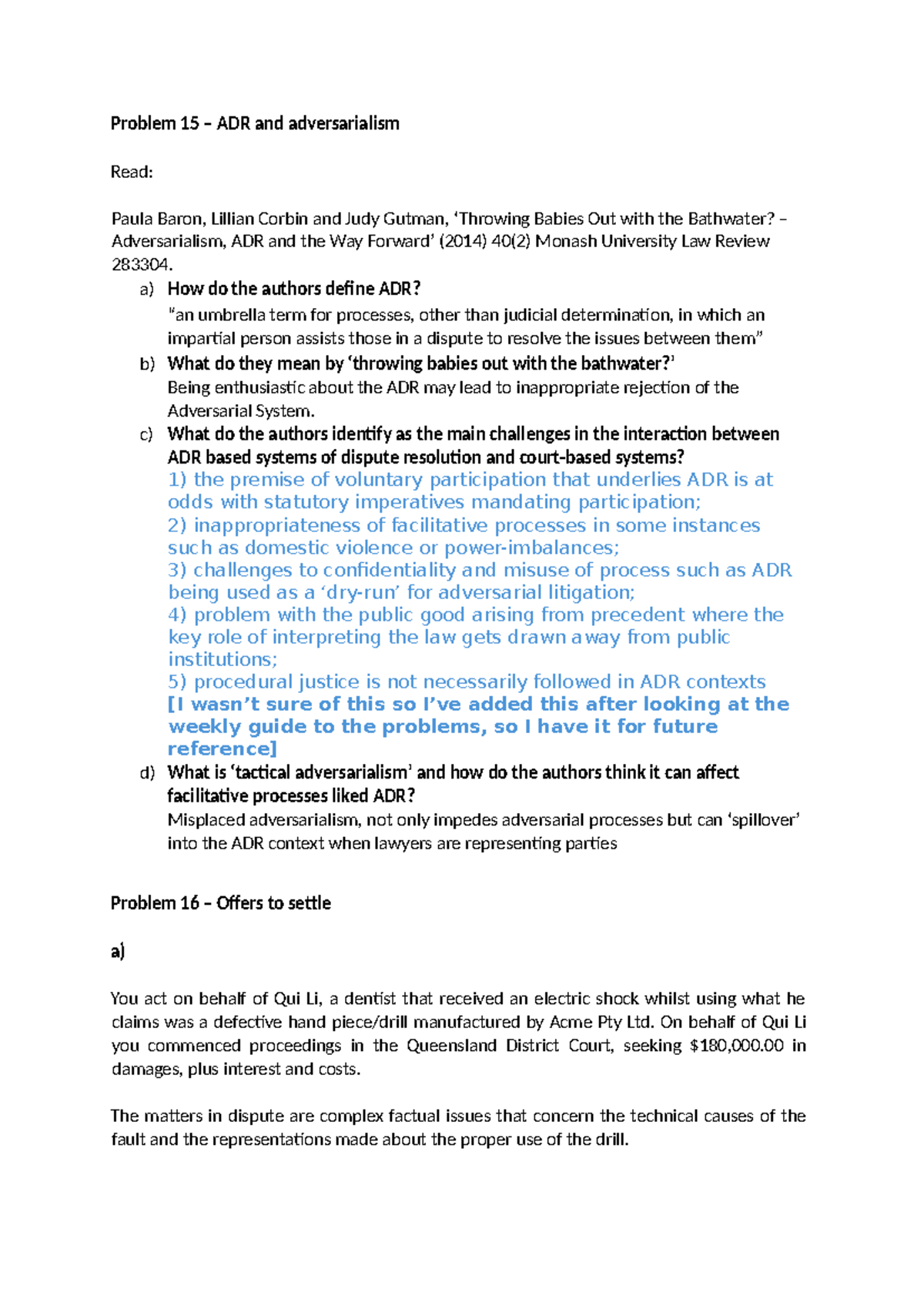 Problems 15 & 16: ADR, Tactical Adversarialism, and Settlement Offers ...