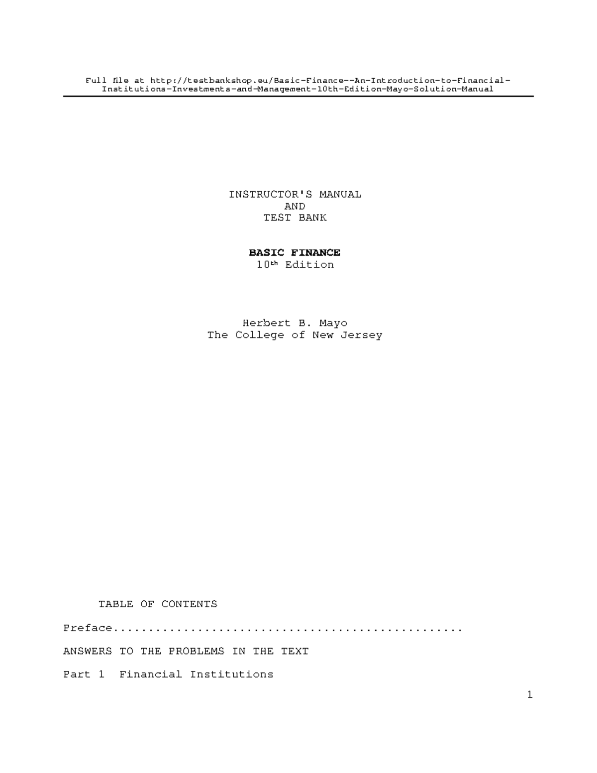 Basic Finance (10th Ed) by Mayo: Instructor's Manual & Test Bank