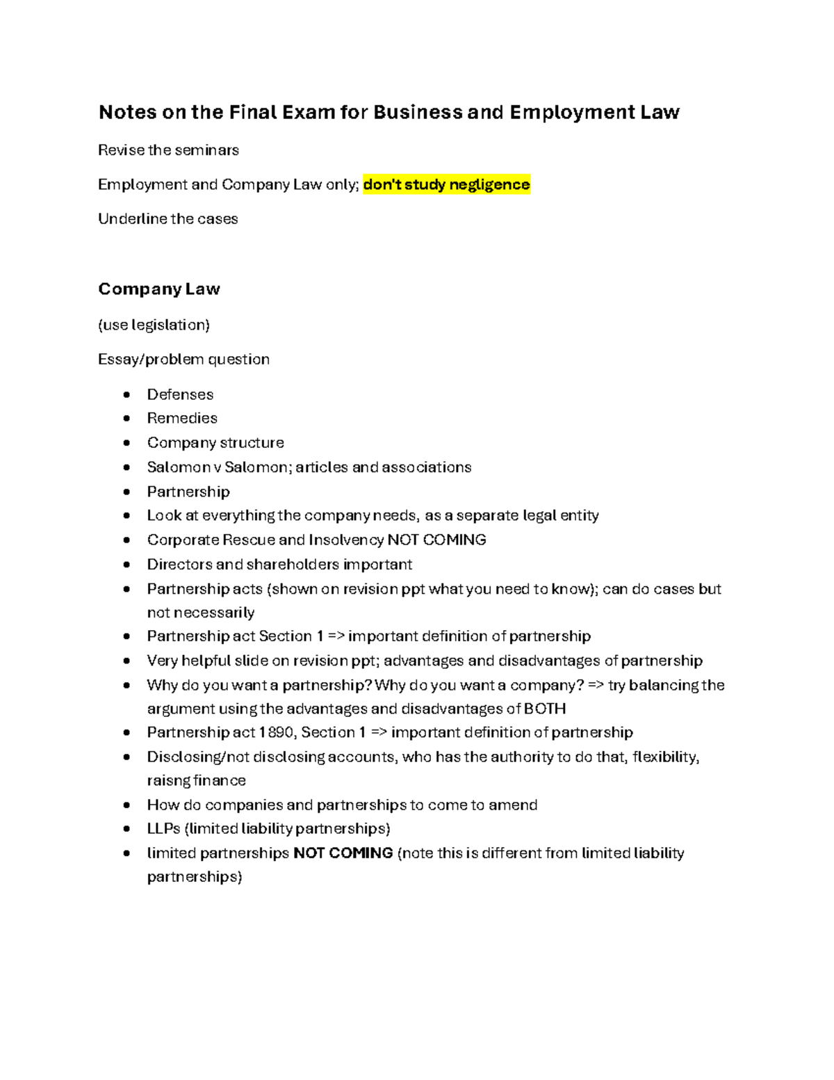 Final Exam Notes for Business & Employment Law (Course Code) - Studocu
