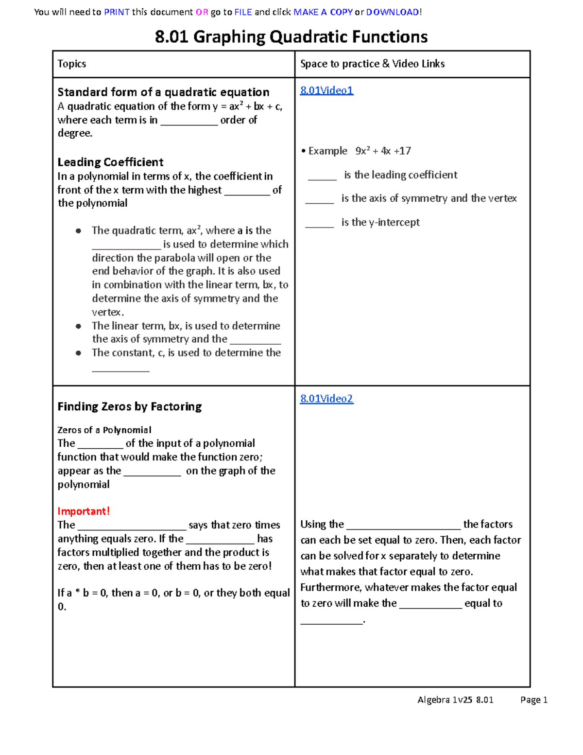 8.01 Guided Notes: Graphing Quadratic Functions & Key Concepts - Studocu