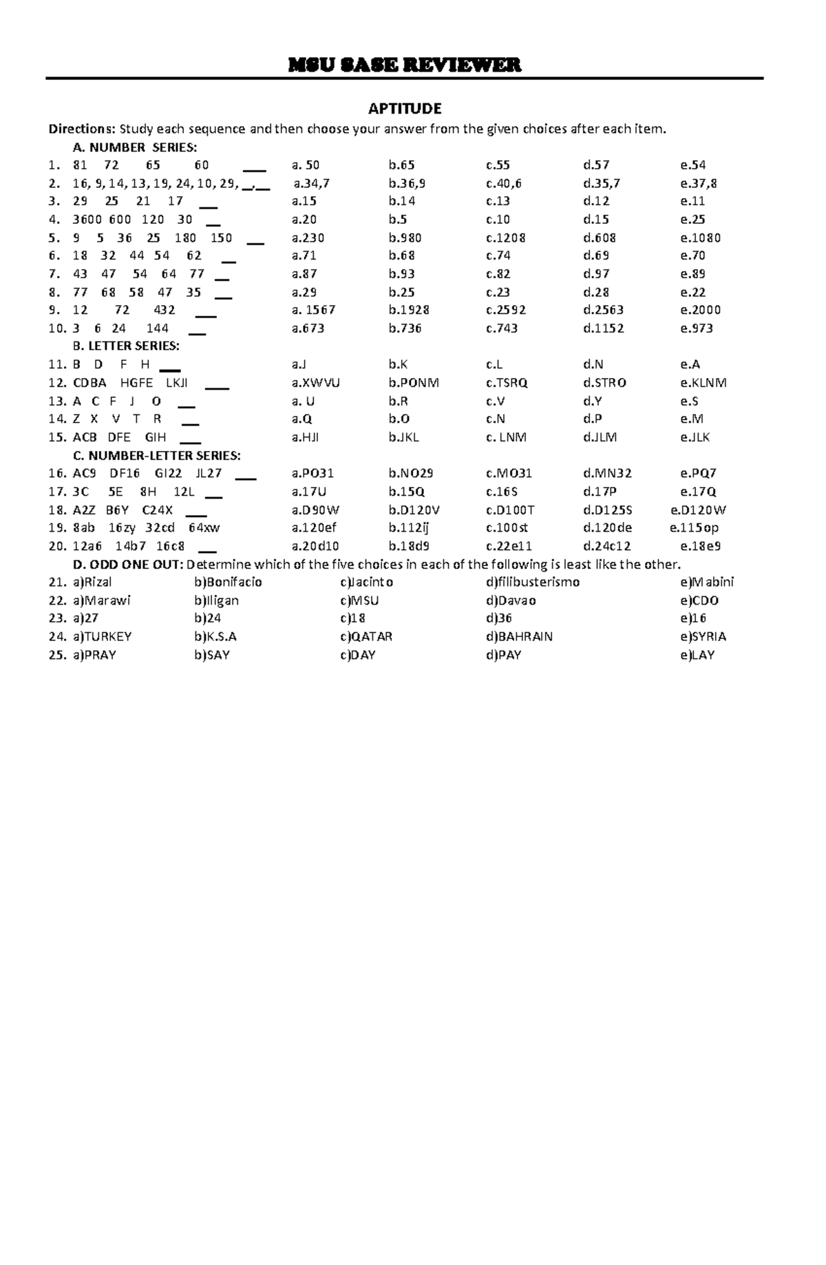 MSU SASE APTITUDE PRACTICE TEST - COMPLETE REVIEW GUIDE - Studocu