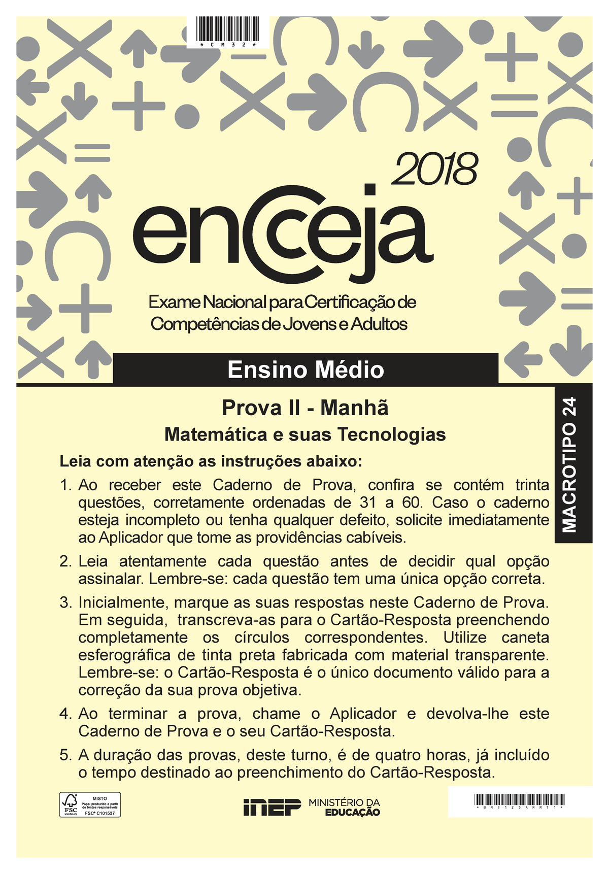 Prova II Manhã Matemática e suas Tecnologias - ENCCEJA 2018 - Studocu
