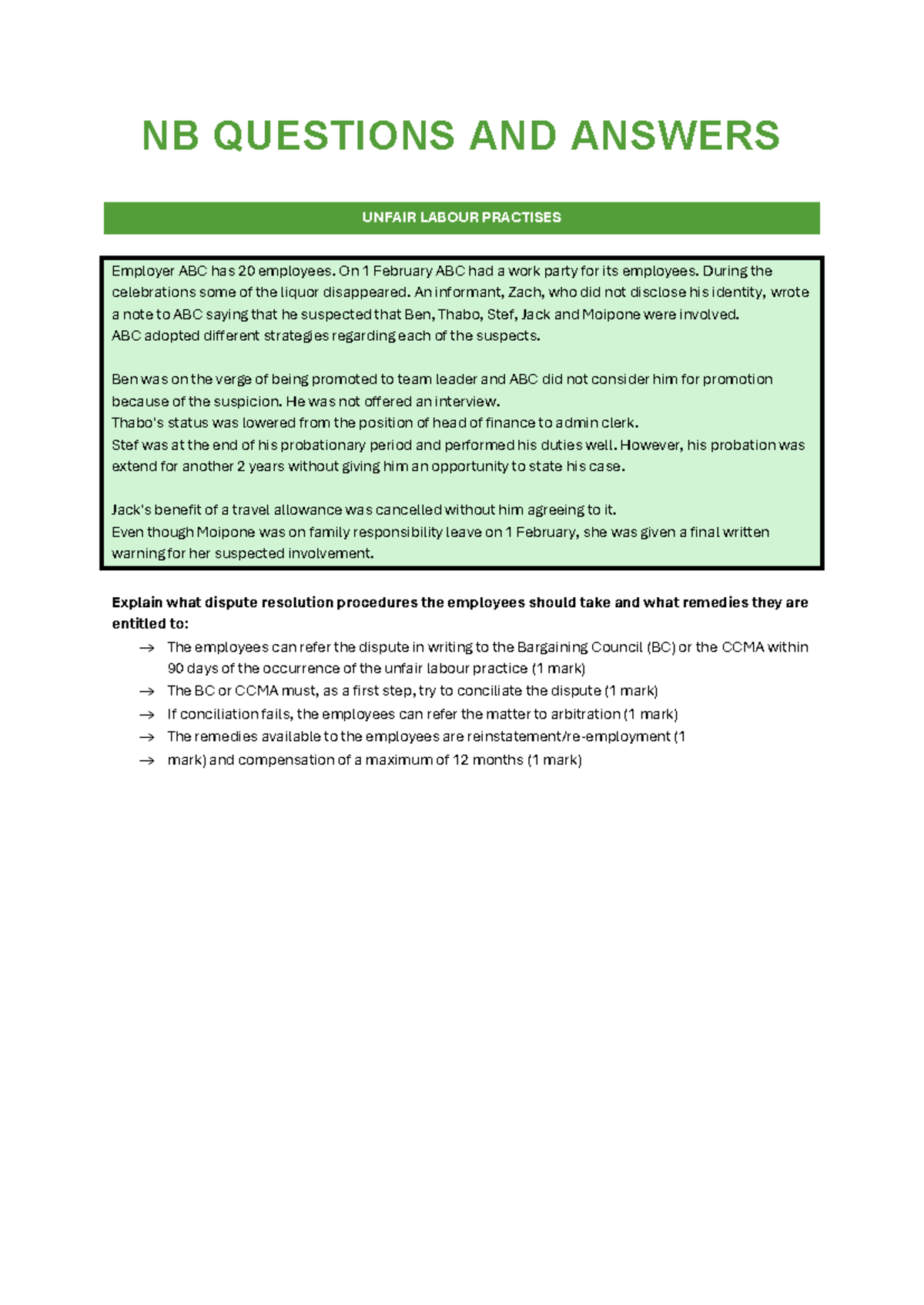 NB Questions and Answers on Unfair Labour Practices and Dismissals ...