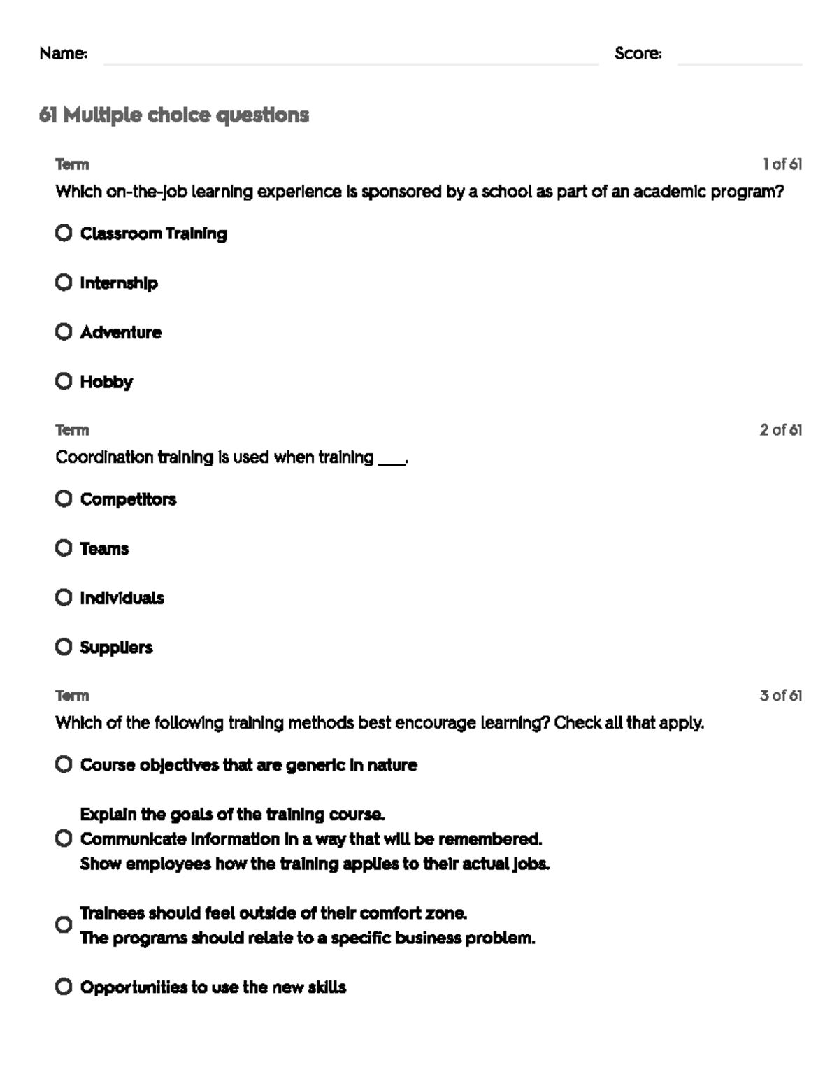 Training - GE MCQ Practice for Term 1 to 59 Questions - Studocu