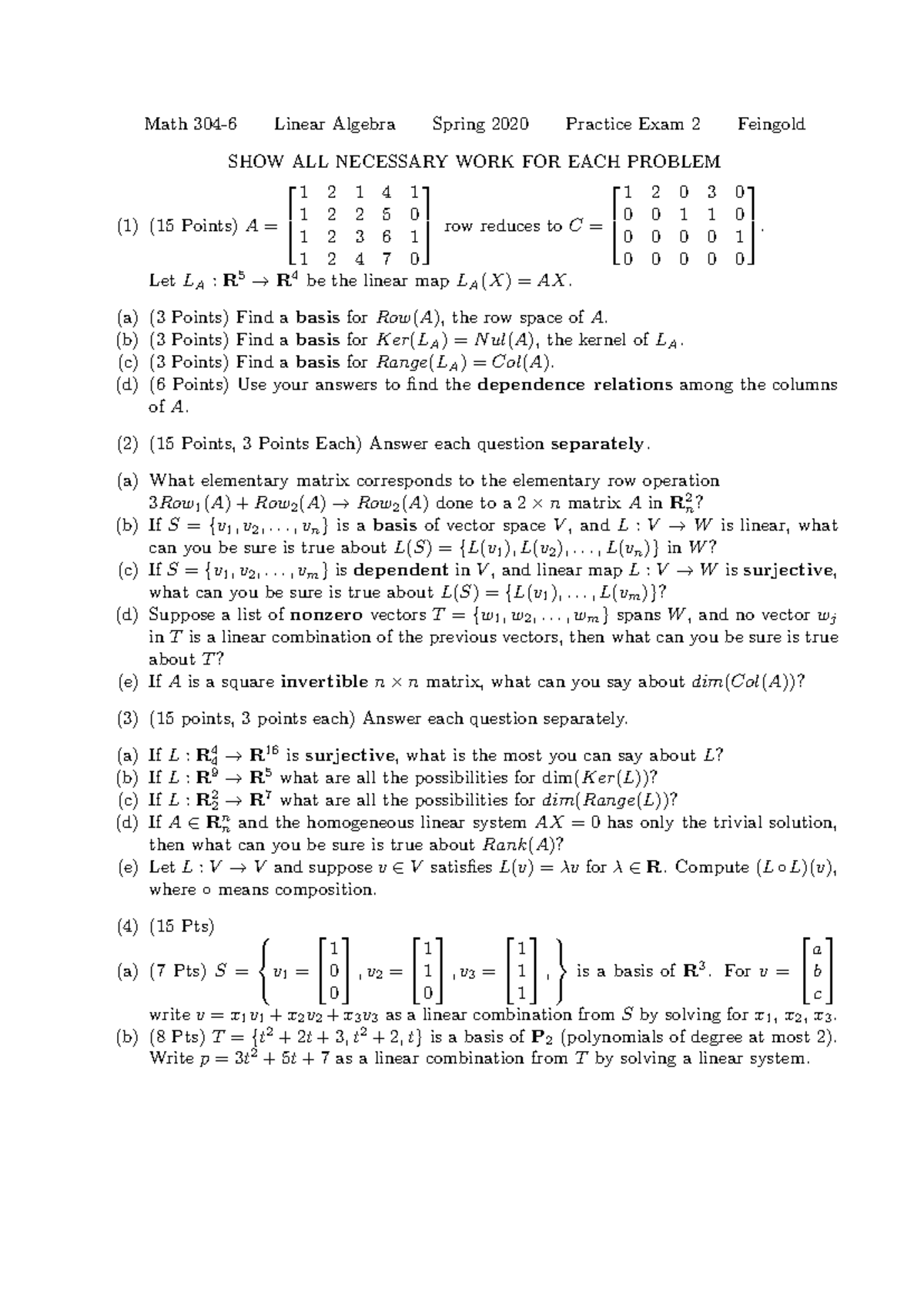 Math304 Practice Exam 2 - Linear Algebra Spring 2020 - Studocu