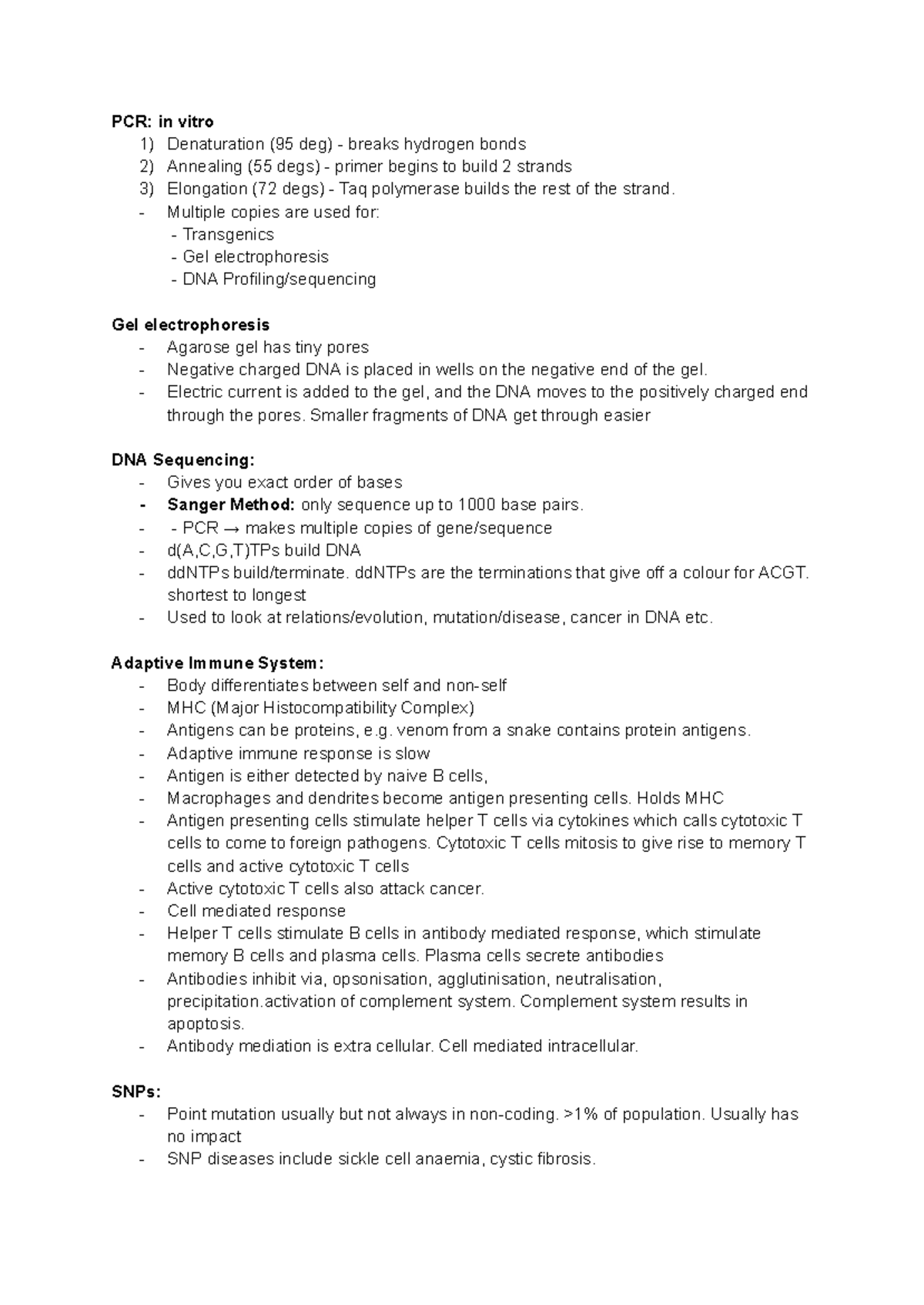 Bio 101: PCR, DNA Sequencing, and Adaptive Immune System Notes - Studocu
