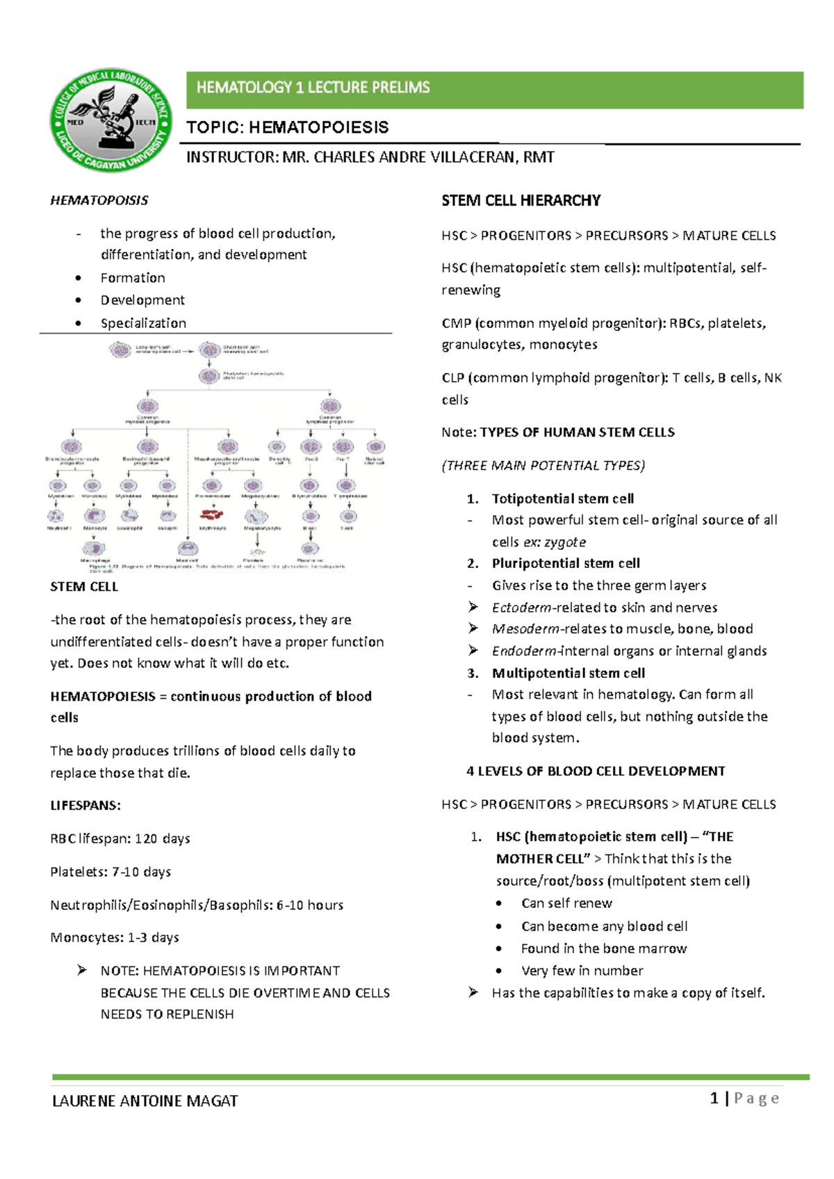 HEMA 101: Lecture Notes on Hematopoiesis and Blood Cell Development ...
