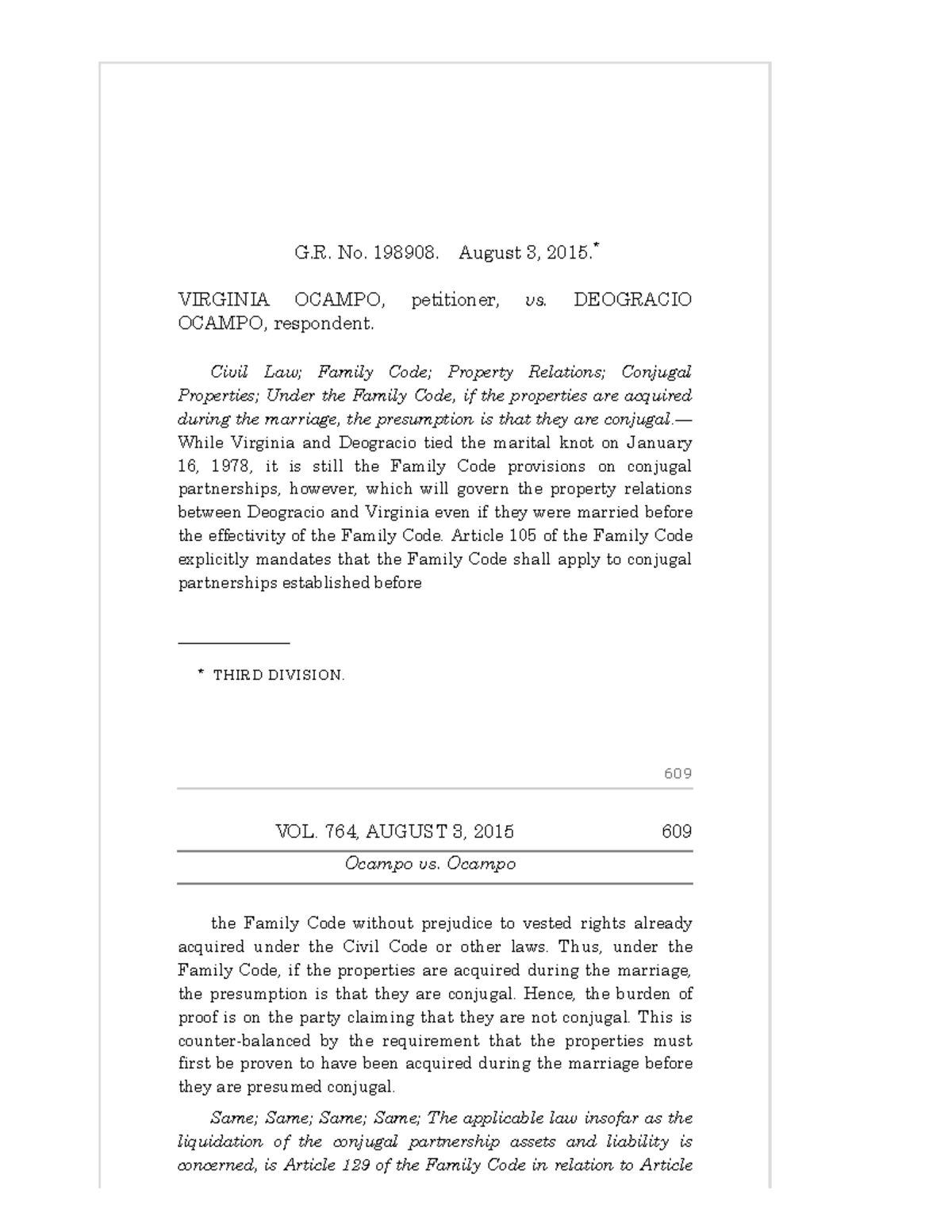 G.R. No. 198908: Ocampo vs. Ocampo - Family Code Property Relations ...
